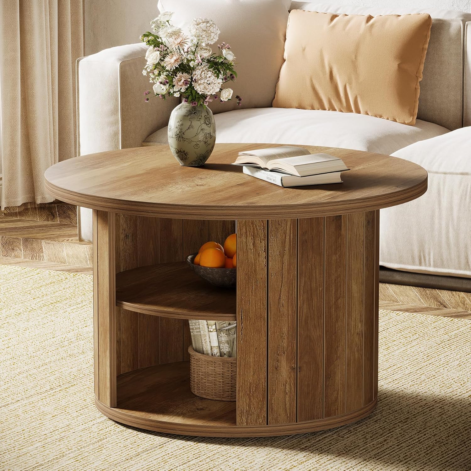31.5" Round Rustic Storage Coffee Table - Small Circle Center Table with Shelf for Living Room