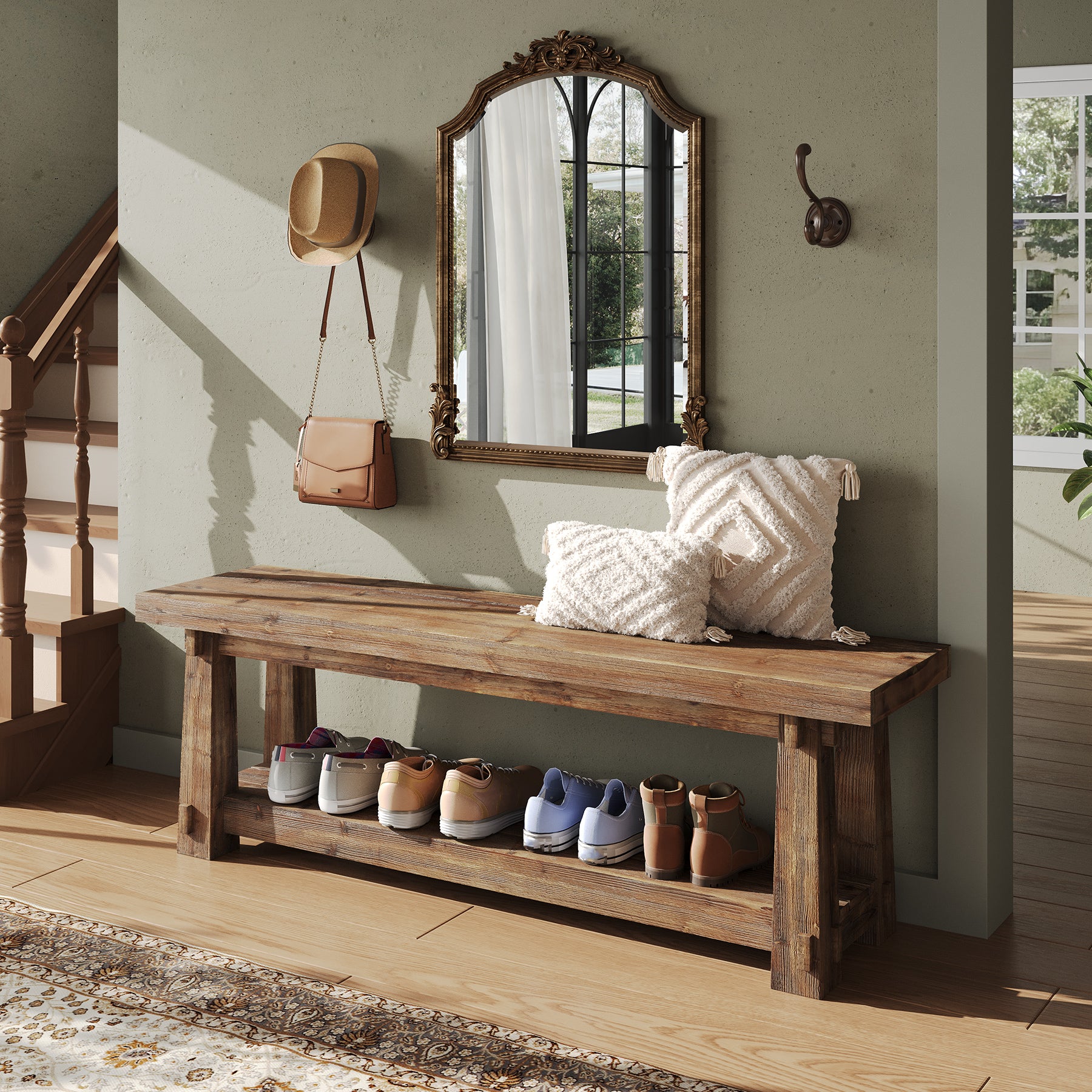 Tribesigns 55-Inch Shoe Storage Bench, Solid Wood Entryway Bench for Hallway