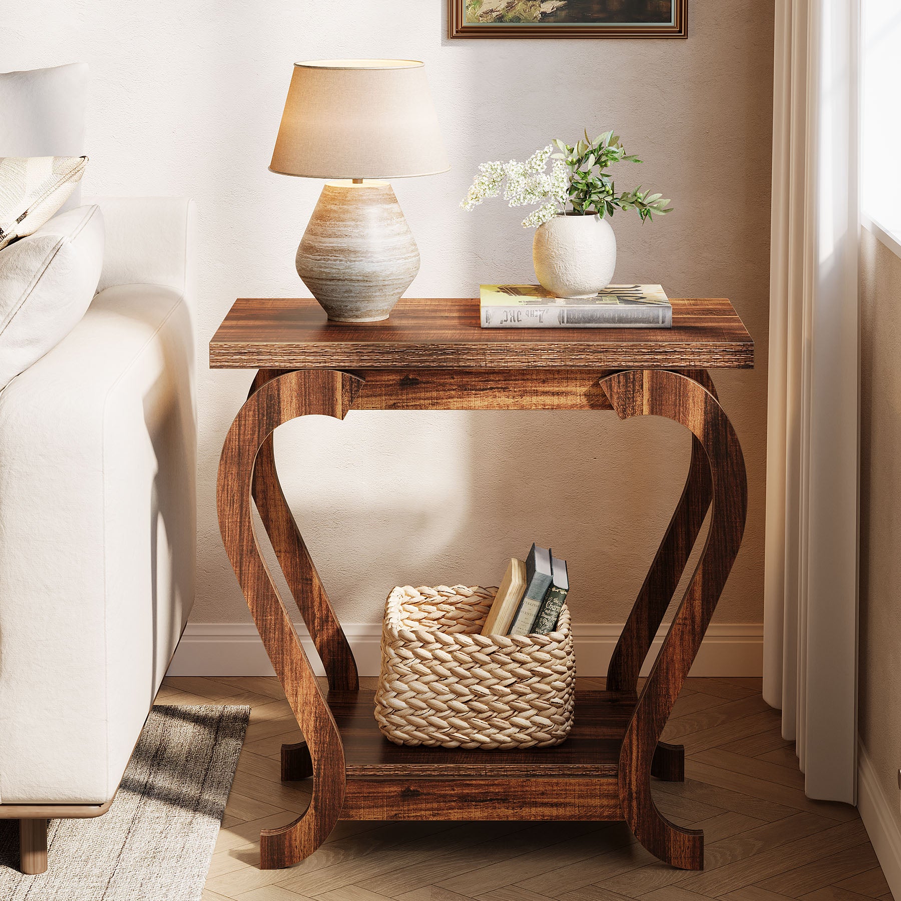 Brown Wooden End Table, 23.62 Inch 2-Tier Side Table for Small Spaces