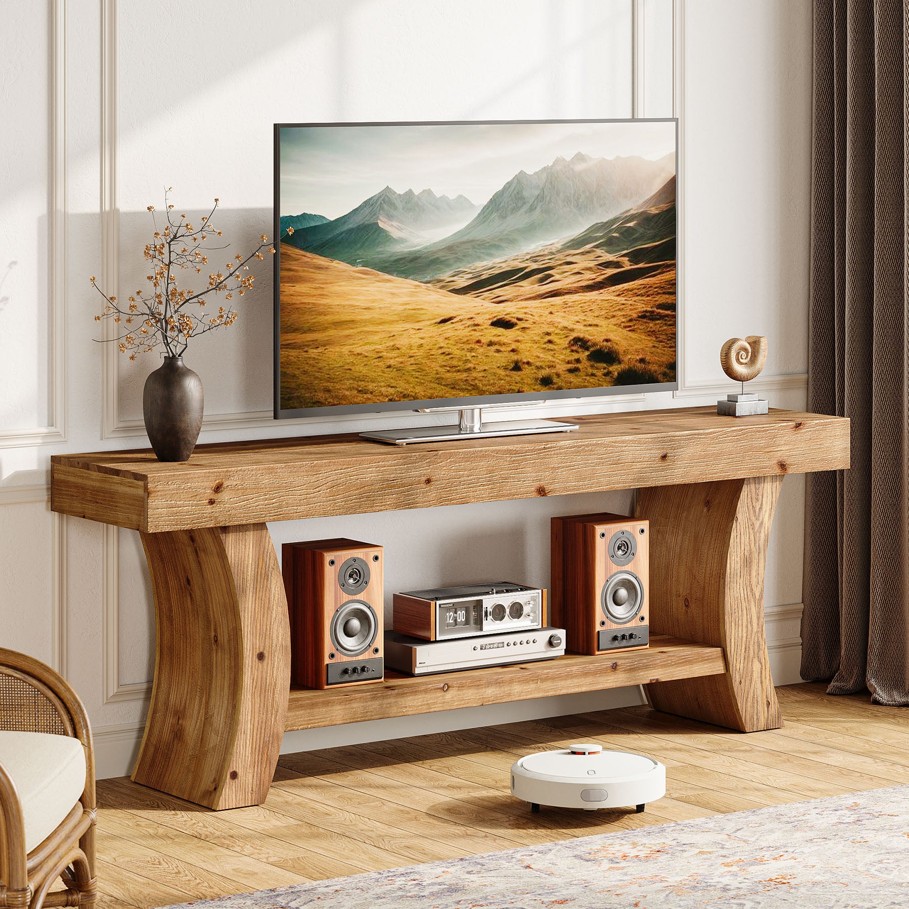 Tribesigns 63-Inch Solid Wood TV Stand with Curved Legs and 2-Tier Storage, Farmhouse Entertainment Center for Living Room and Bedroom