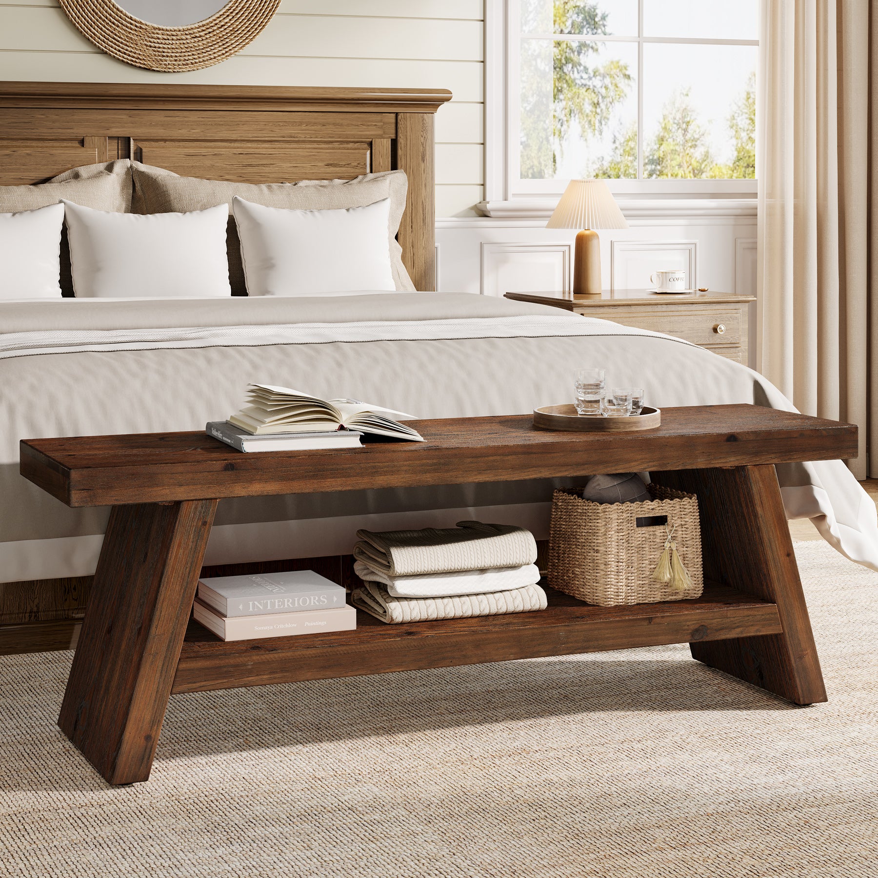 Tribesigns 47-Inch 2-Tier Wooden Storage Bench, Open Shelving Hallway Seat with Solid Fir Frame for Living Room
