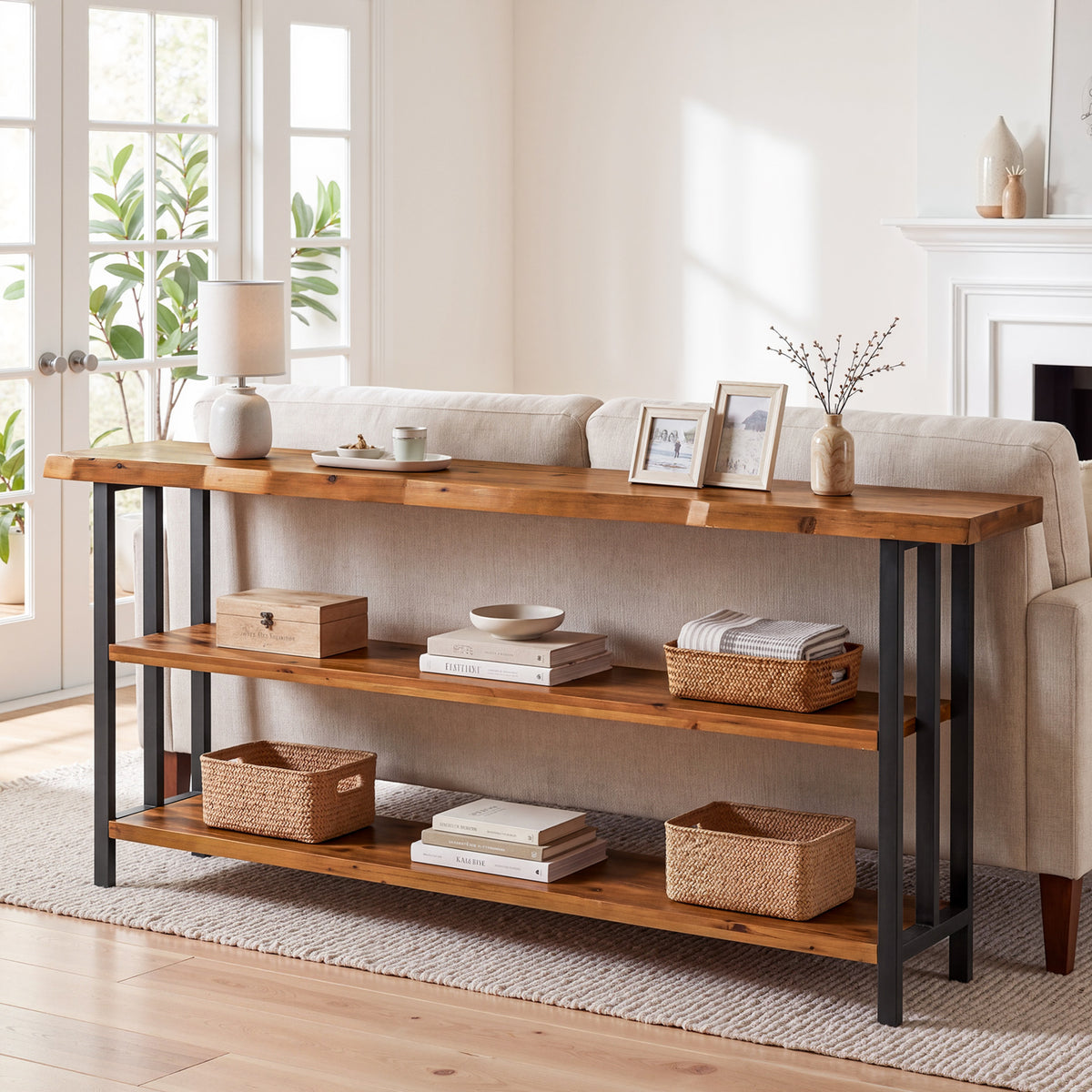 Tribesigns 63 Inch Solid Wood Live Edge Console Table with 3-Tier Shelves, Rustic Hallway Sofa Table