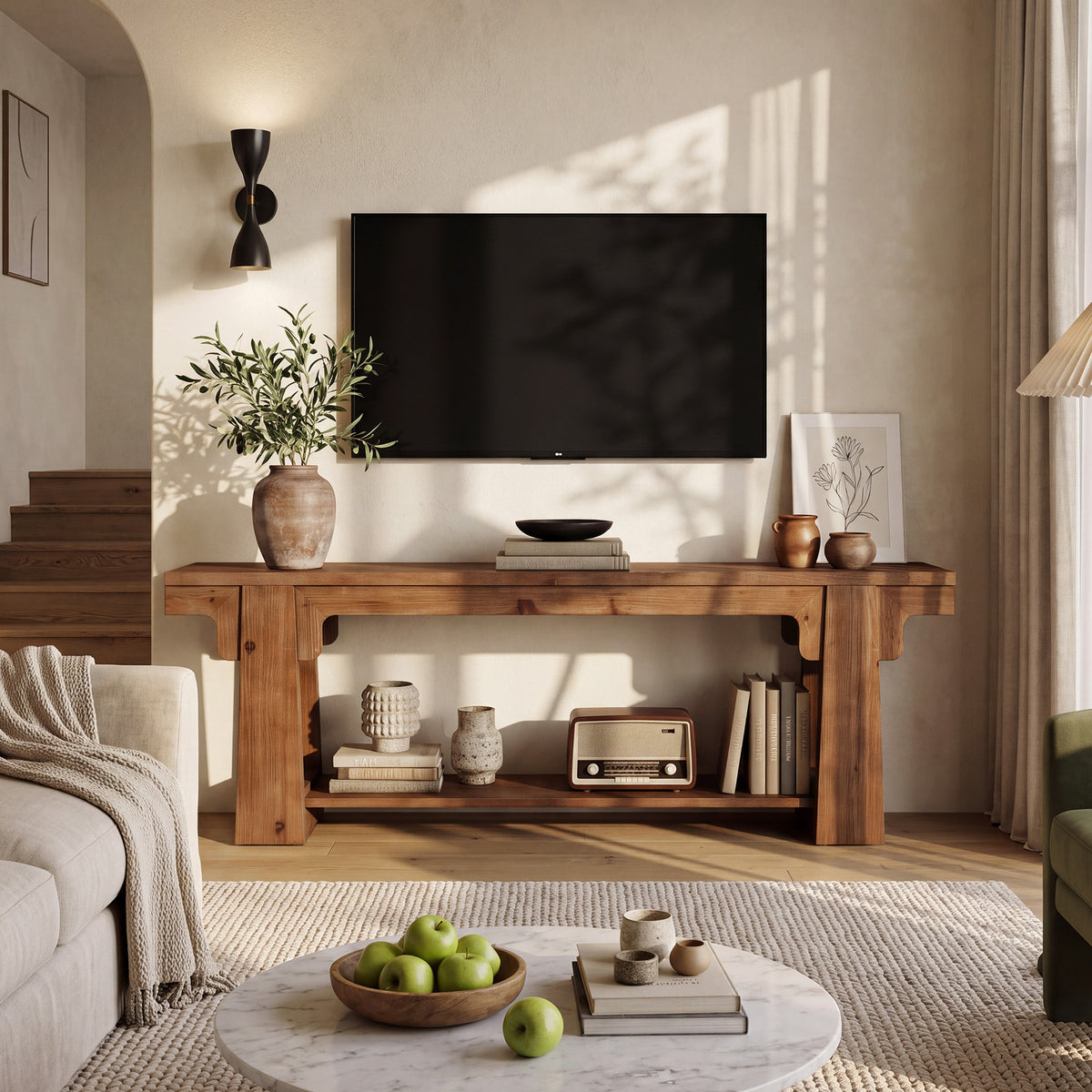 Tribesigns 63 Inch Solid Wood TV Stand with Curved A-Legs, Farmhouse Media Console for Living Room