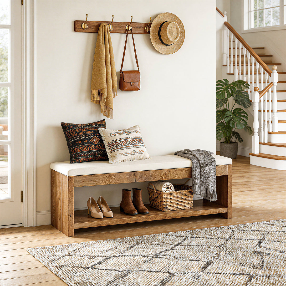 Tribesigns 55.1" Entryway Bench with Cushion and Shoe Storage, Upholstered Shoe Bench for Hallway