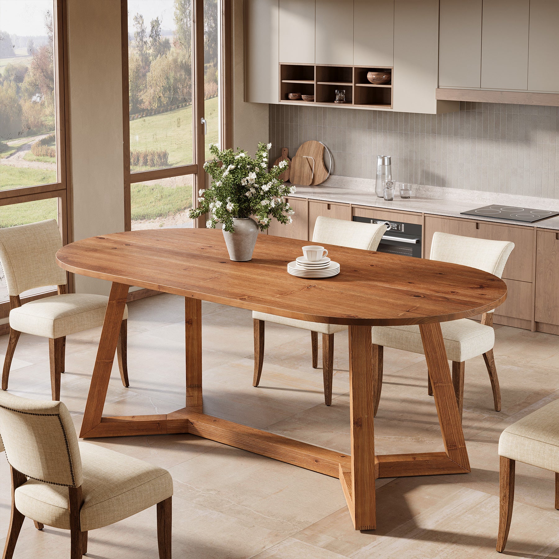 63" Oval Solid Wood Dining Table for 4-6, Farmhouse Kitchen Table with Sturdy Tapered Legs