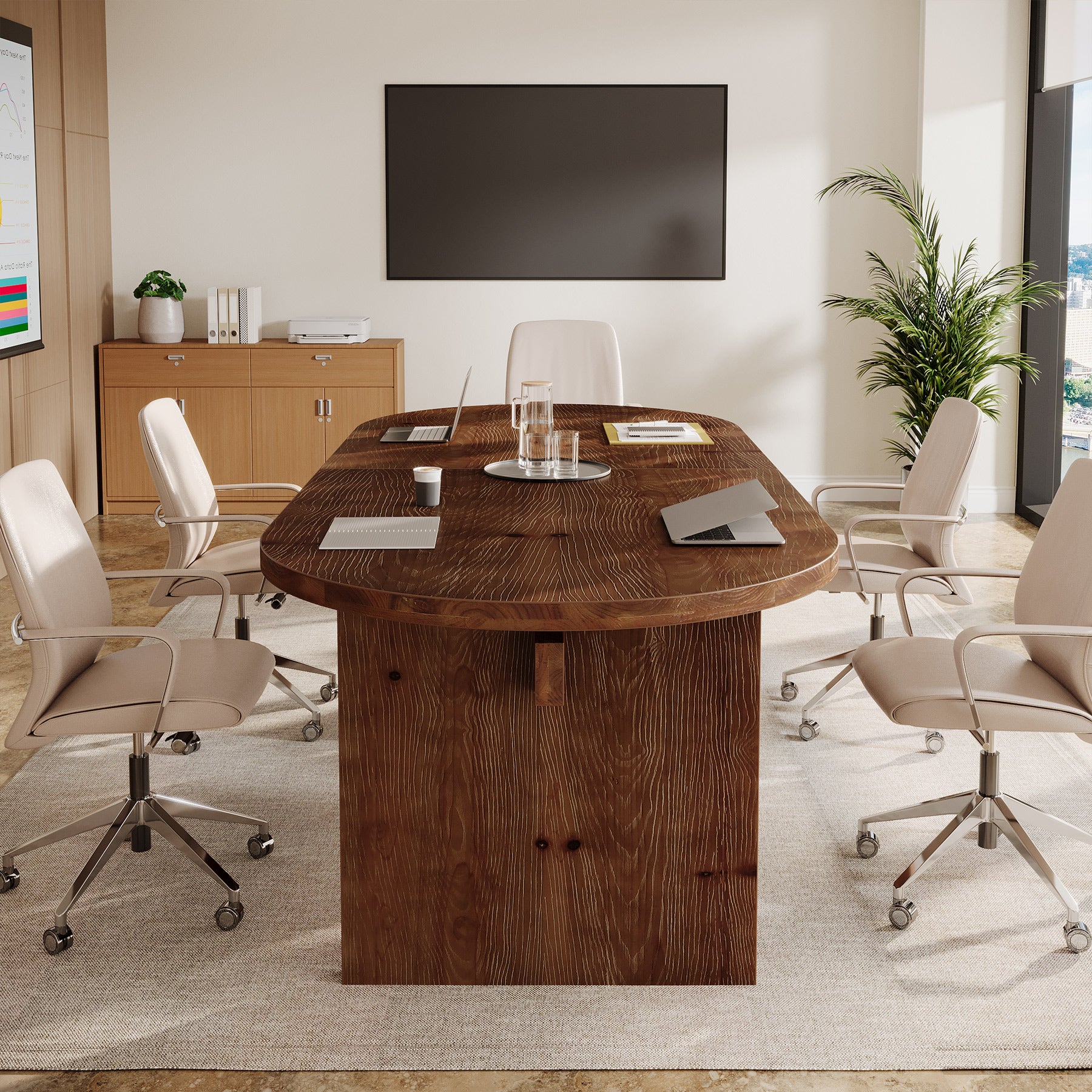 63-Inch Solid Wood Conference Table for 4 to 6 People with Oval Tabletop, Farmhouse Meeting Seminar Table