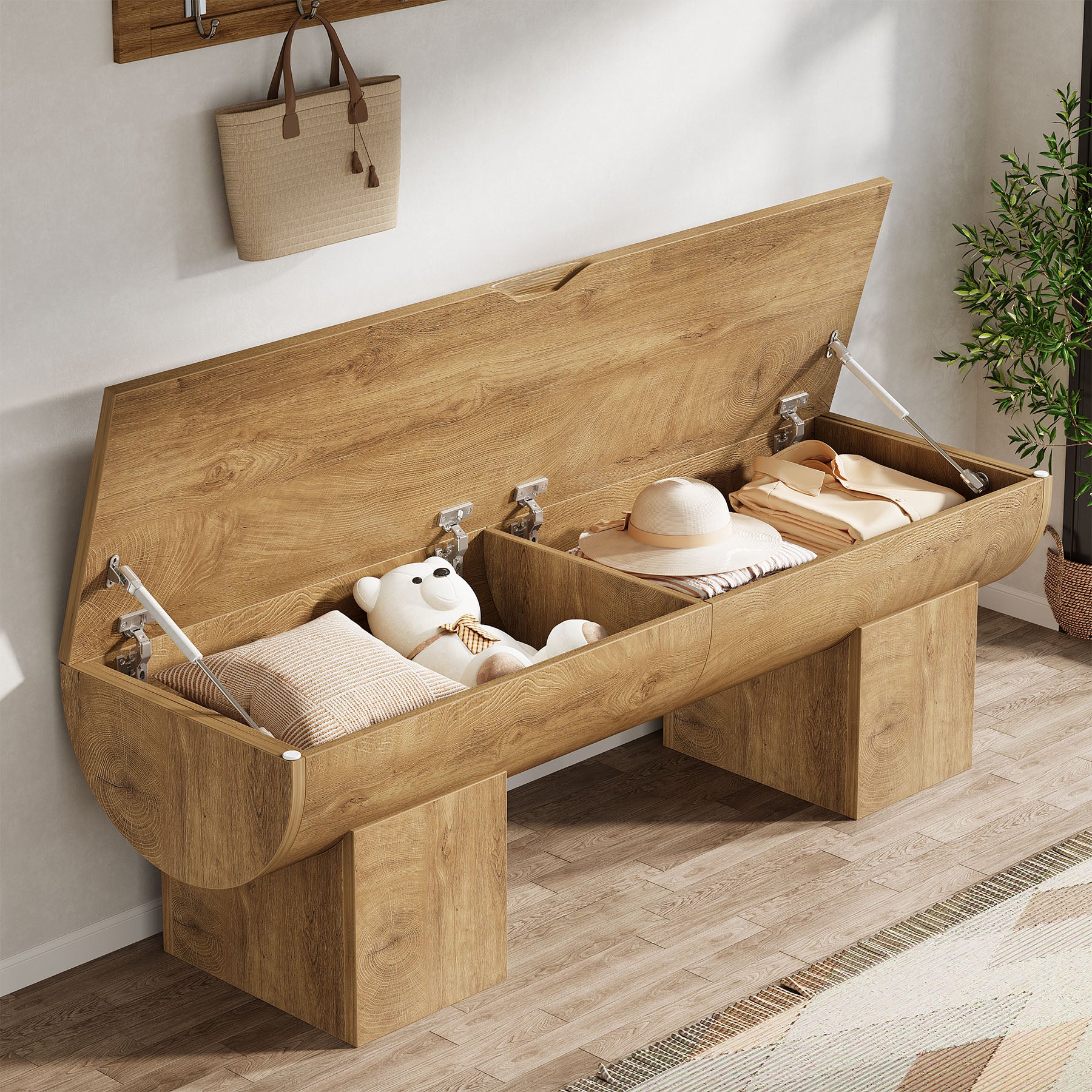 55.1-Inch Farmhouse Storage Bench with Flip-Top Storage and 2 Safety Hinges