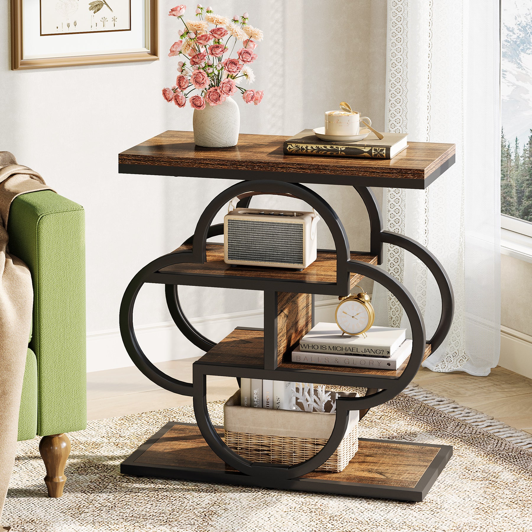 23.62 Inch Narrow Side Table with Storage, 4 Tier Wooden End Table with Metal Frame