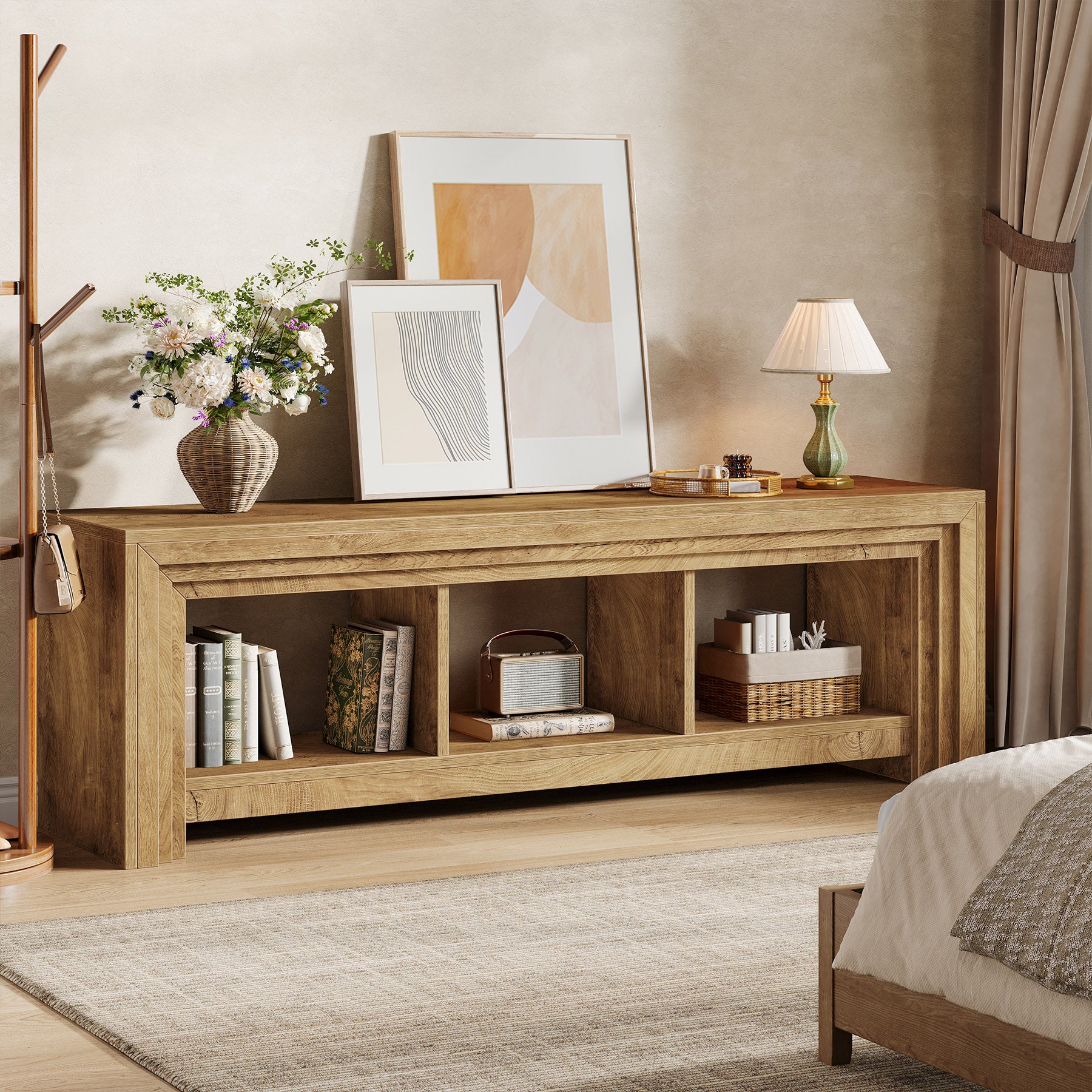 Tribesigns 63-Inch Farmhouse TV Stand, Oak Media Console with Open Storage for Living Room