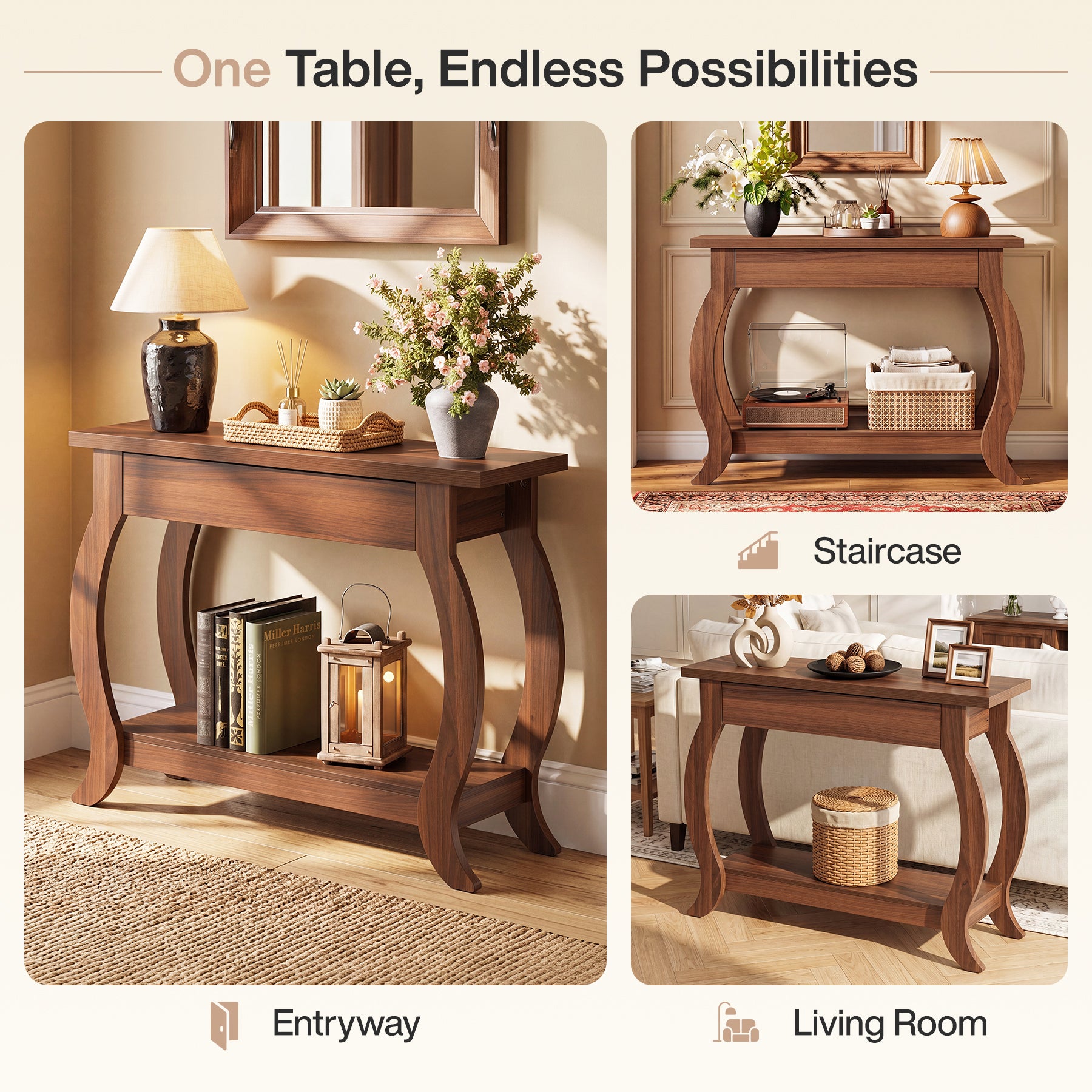 41.3-Inch Narrow Console Table with Drawer, Curved-Leg Hallway Table with Storage