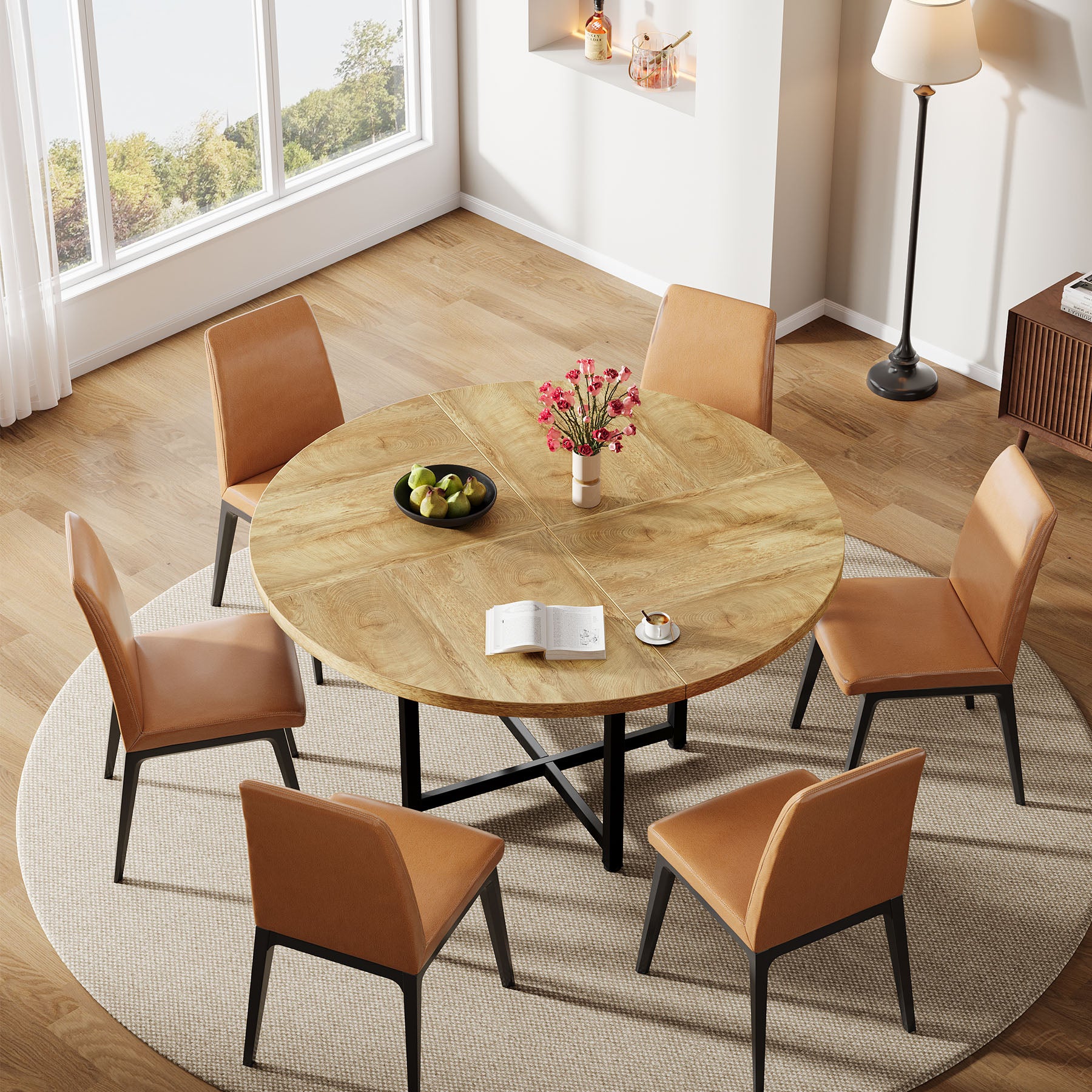 47" Round Dining Table, Heavy-Duty Metal Base, Space-Saving