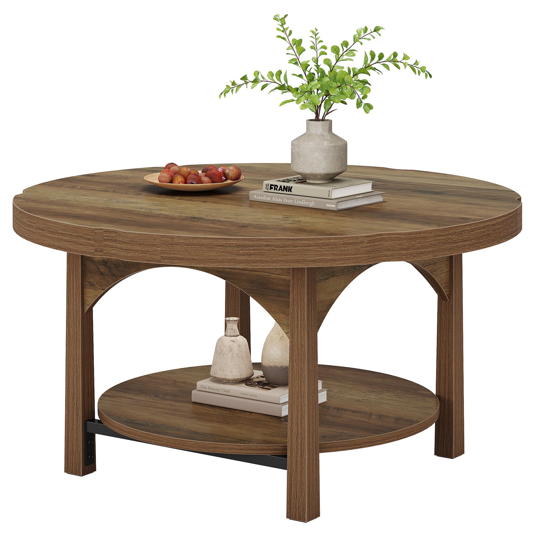 31.5" Round Coffee Table with 2 Tier Storage, Farmhouse Wooden Accent Center Table