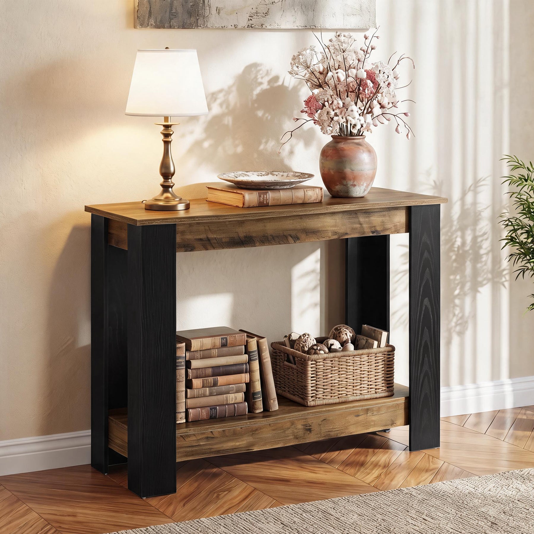 41-Inch Narrow Console Table with 2-Tier Open Storage, Modern Farmhouse Sofa Table for Entryway