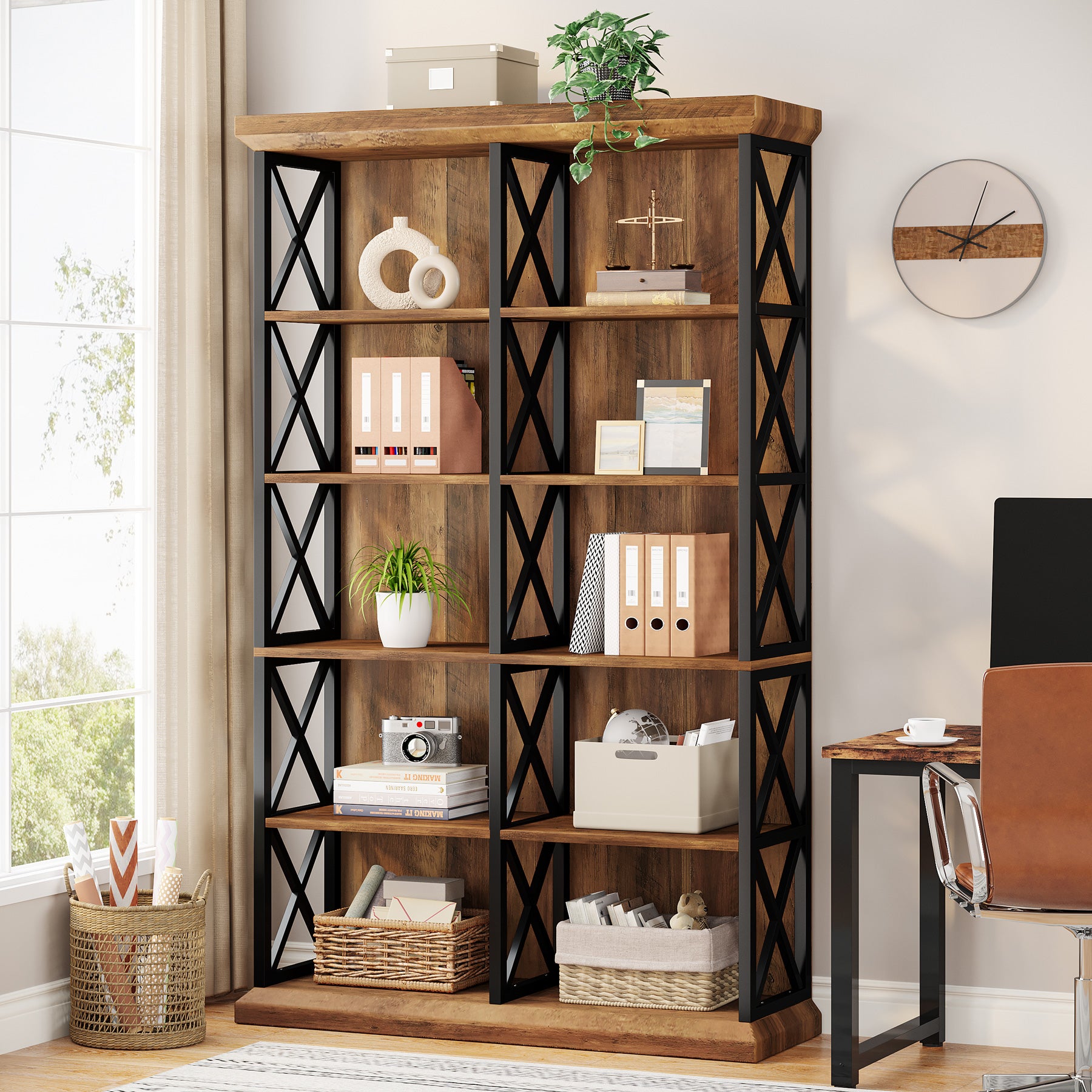Tribesigns 75-Inch Tall Double Wide Bookcase, 6-Tier Industrial Bookshelf with X-Pattern Frame