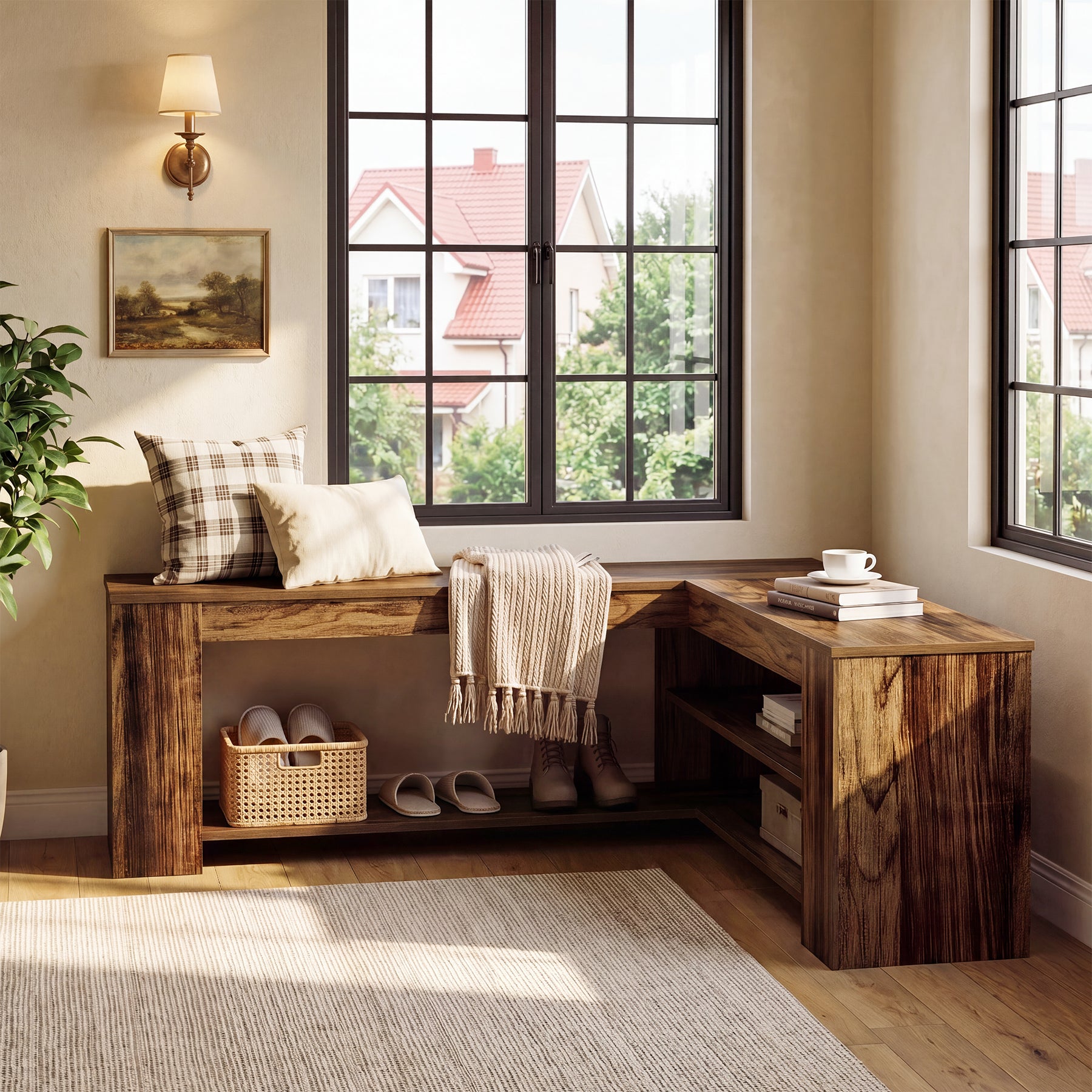 47.24 Inch L Shaped Storage Bench, Corner Entryway Shoe Bench with 2 Tier Rack for Home Foyer