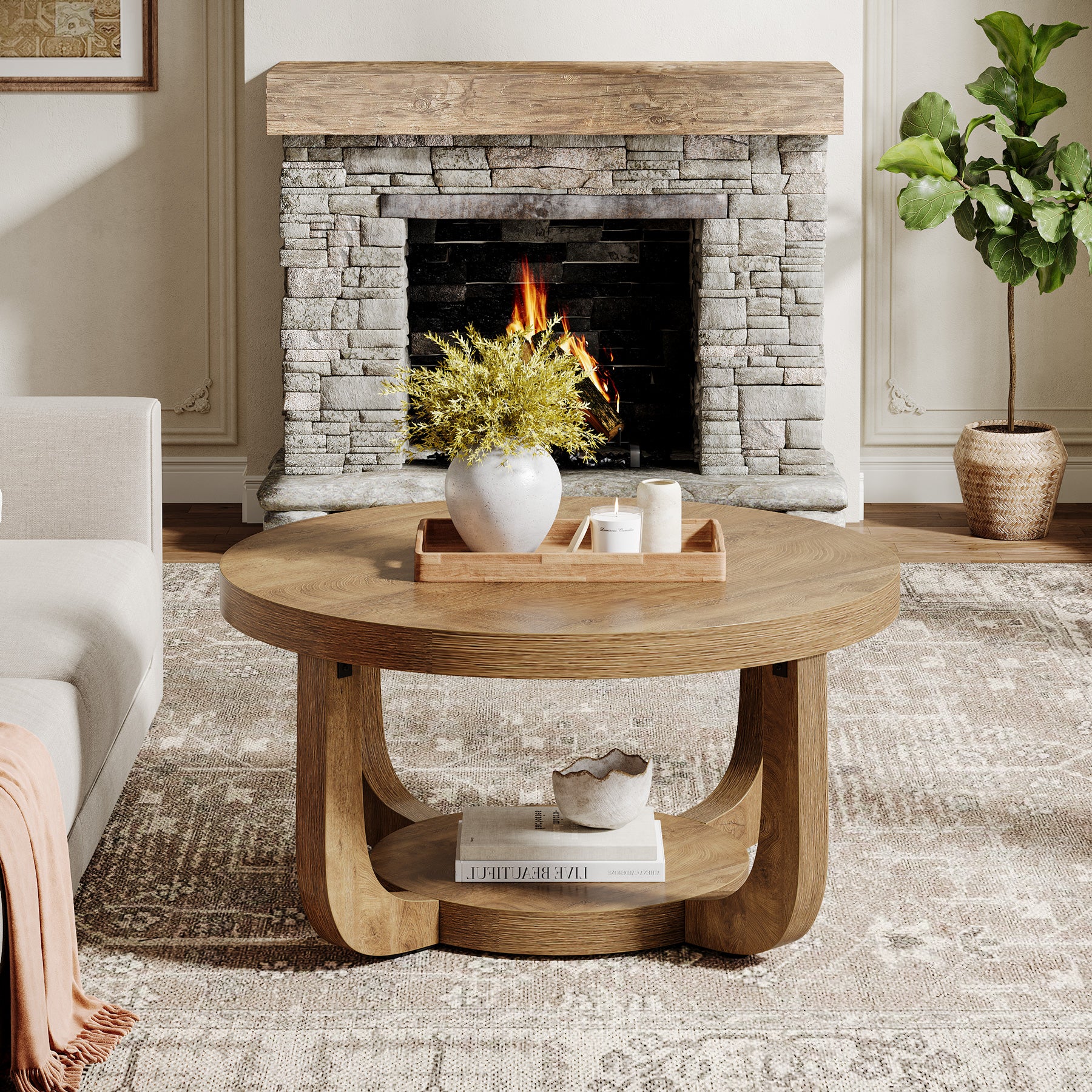 31.5" Round Coffee Table - 2-Tier Accent Center Table with Storage Shelf
