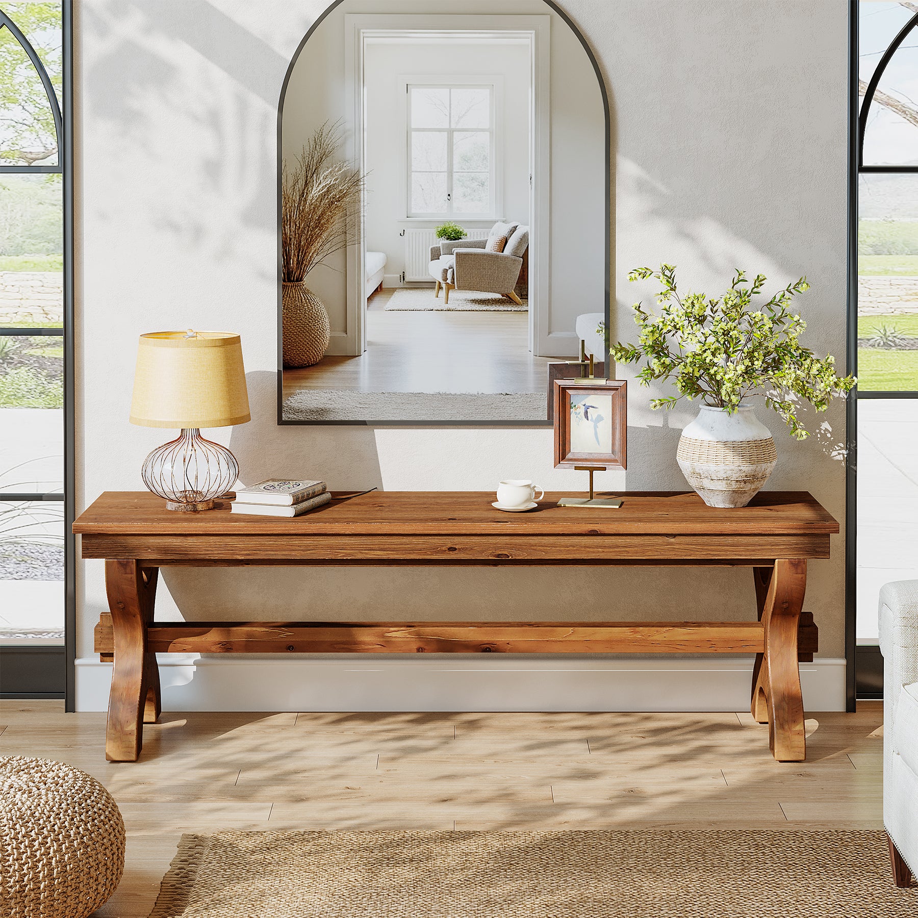 55 Inch Solid Wood Entryway Bench for 2, Farmhouse Narrow Seat for Hallway and Bedroom