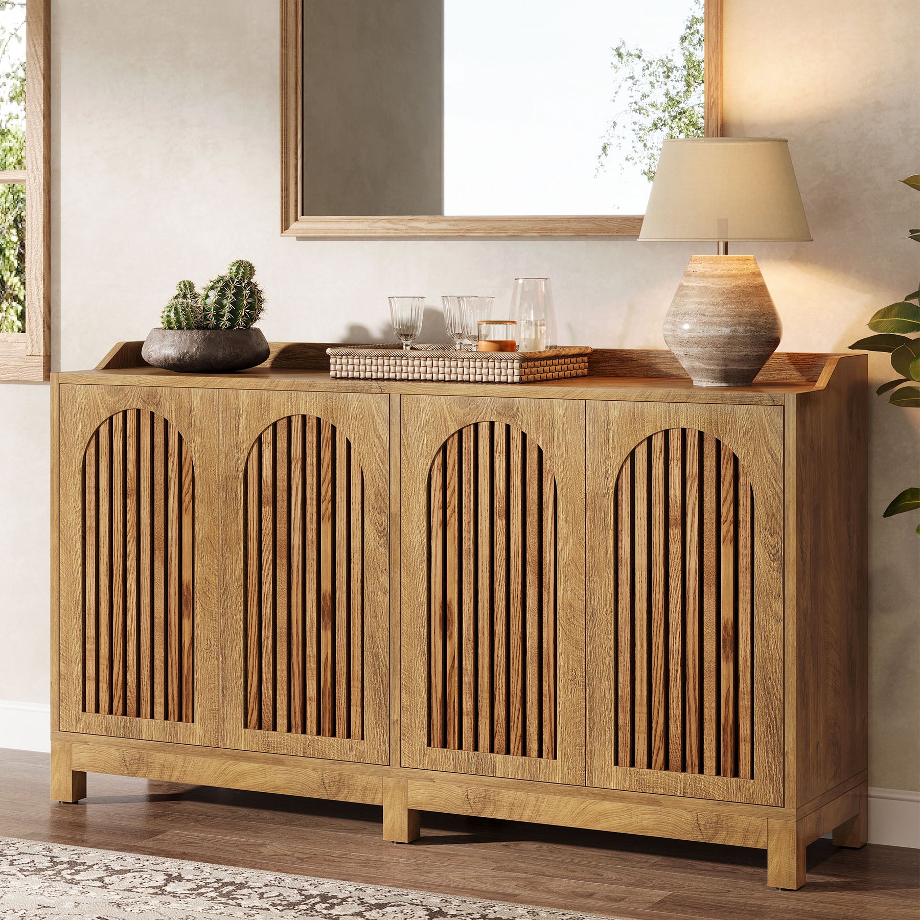 57-Inch Buffet Cabinet with Adjustable Shelves and Grille Doors, Long Sideboard Cabinet for Dining Room