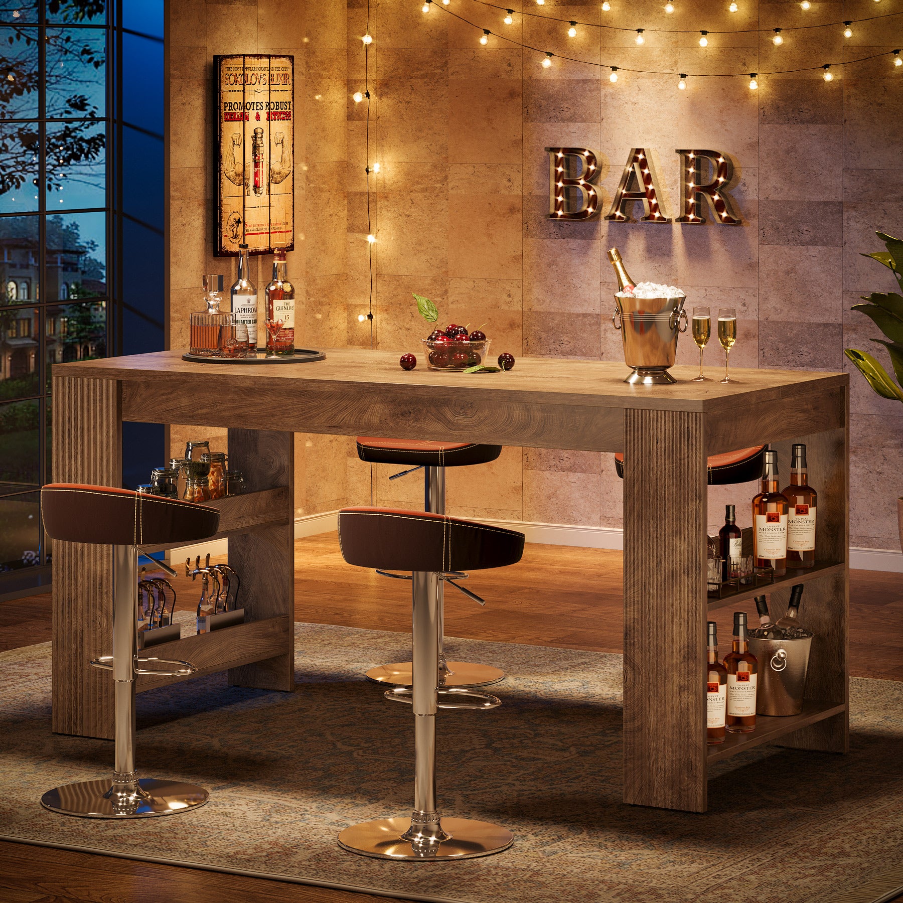 63 Inch Farmhouse Bar Table with Storage Shelves, Counter Height Pub Table for Kitchen