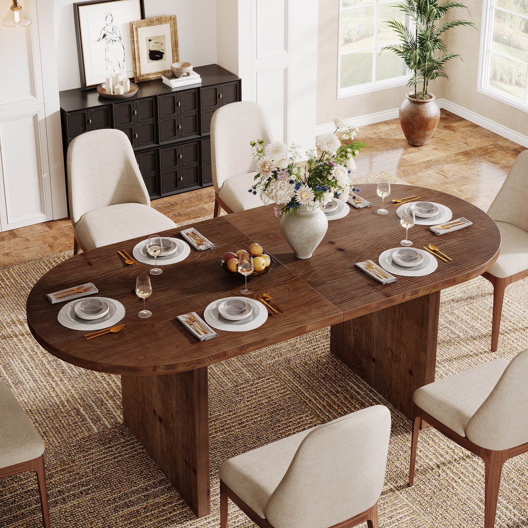 63-Inch Solid Wood Oval Dining Table for 4 to 6 People with Double Pedestal Base, Farmhouse Kitchen Table for Dining Room and Home Kitchen