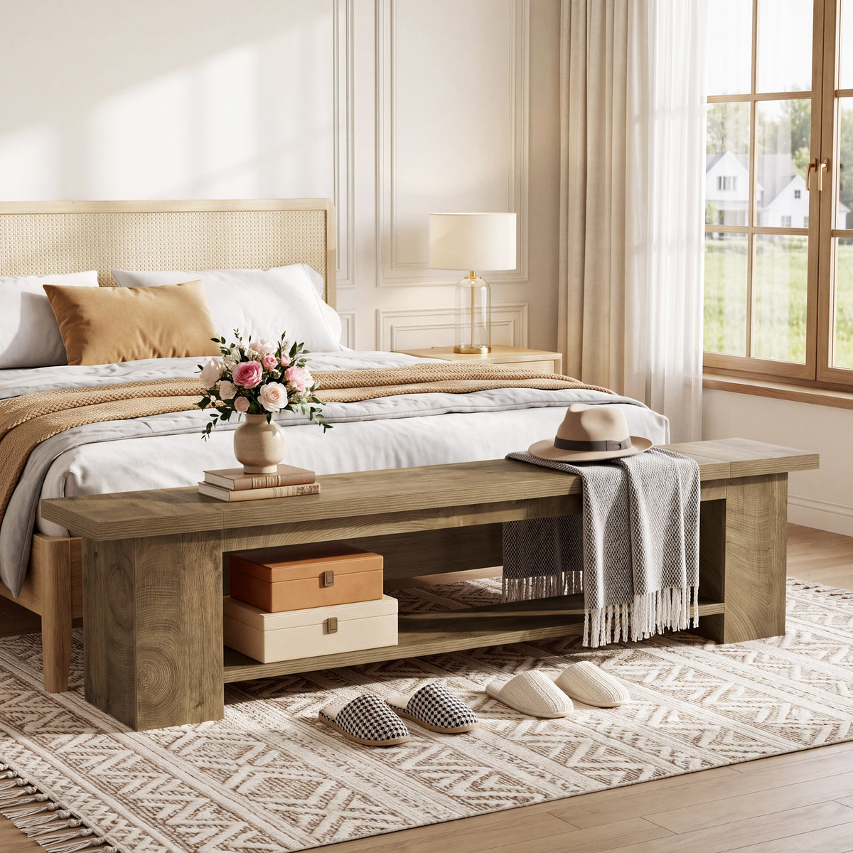 Tribesigns 86.6" Extra Long Entryway Bench with 2-Tier Shoe Storage, Storage Bench for Hallway