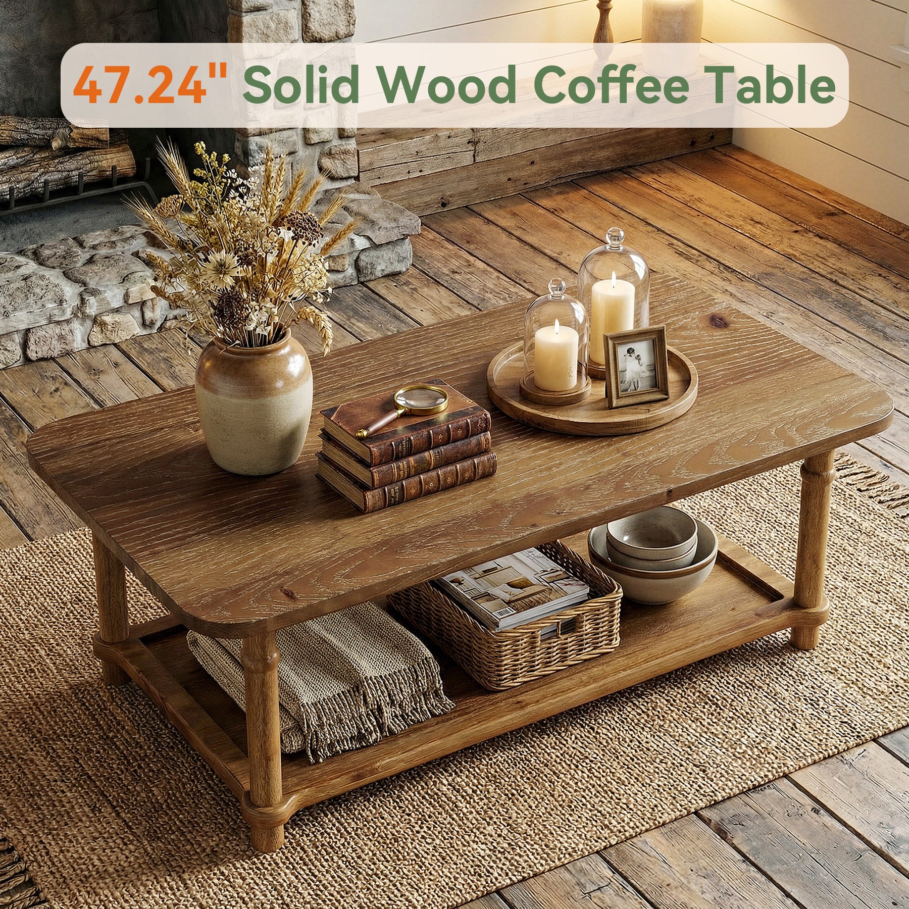 47-Inch Rectangle Coffee Table, Solid Wood 2-Tier Storage Table for Living Room
