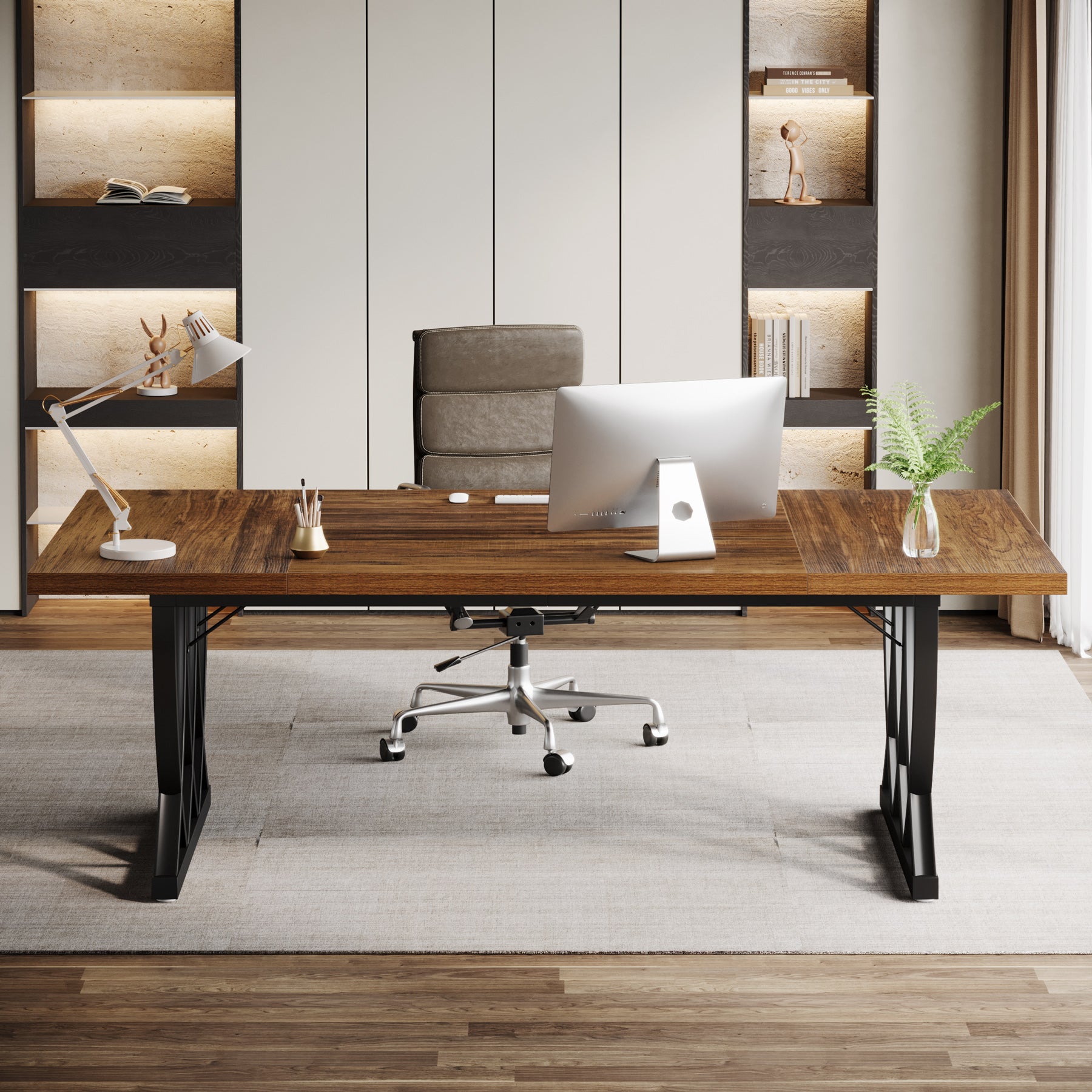 Tribesigns 70.86-Inch Executive Desk, Large Home Office Computer Desk with Trestle Metal Frame for Study and Writing