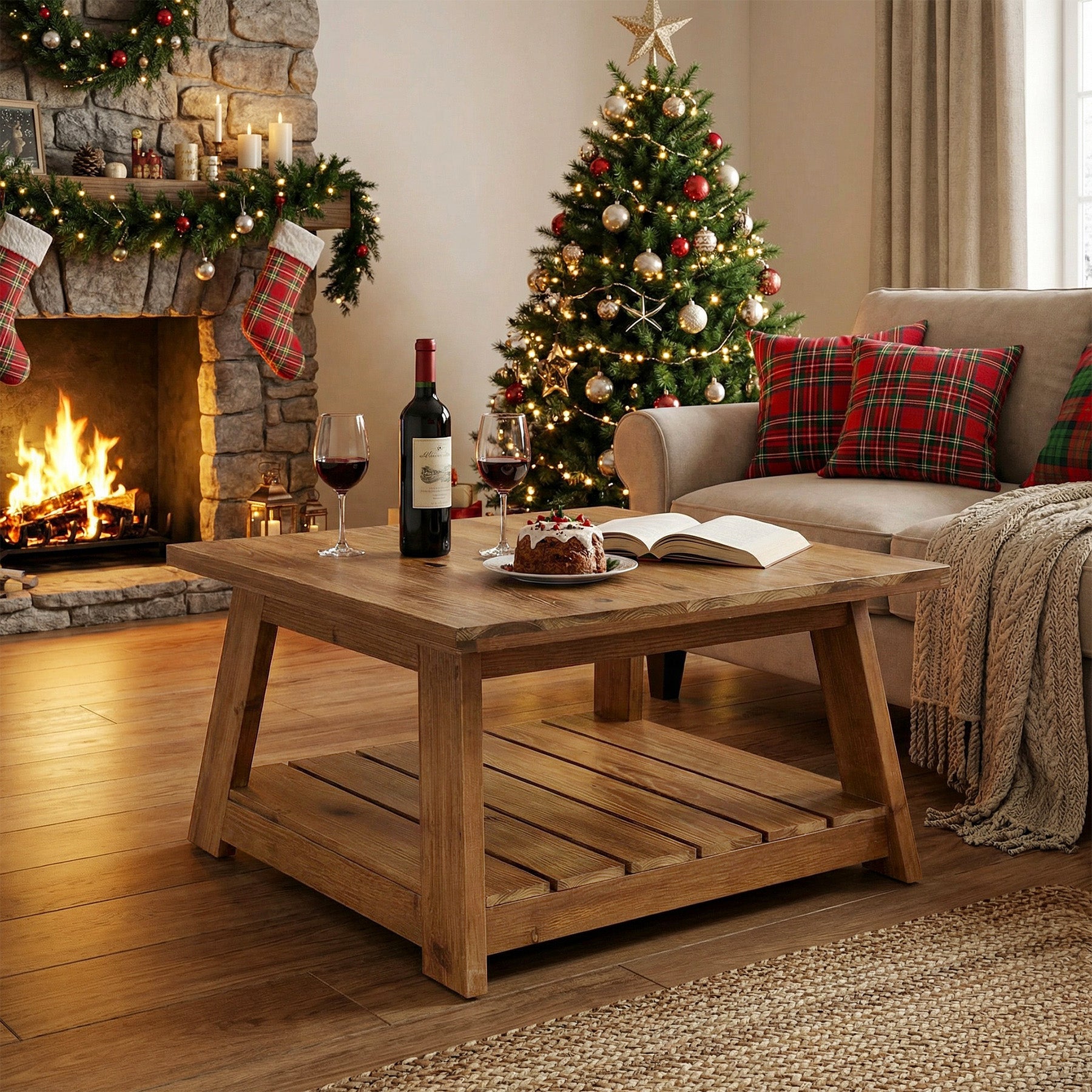 Tribesigns 31.5 Inch Solid Wood Square Coffee Table, Farmhouse Centre Table with Storage Shelf