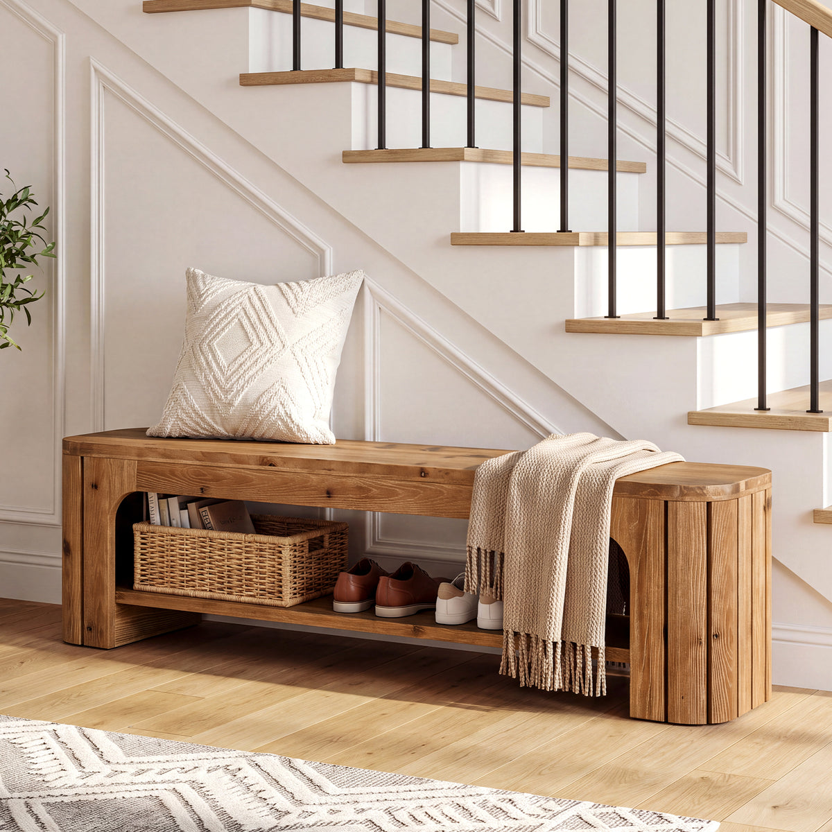 Tribesigns 62.99-Inch Solid Wood Shoe Storage Bench, 2-Tier Entryway Bench for Hallway and Bedroom