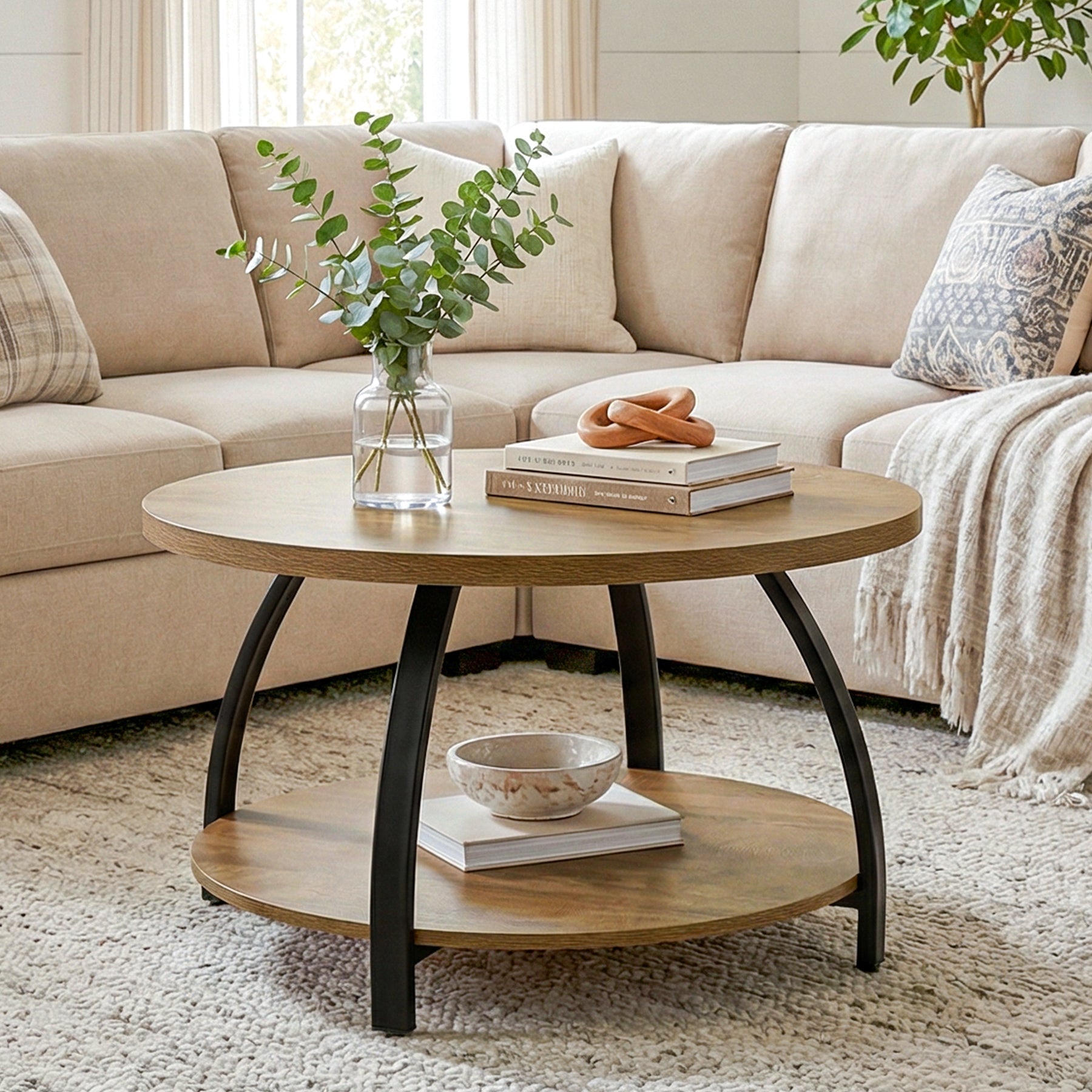 Tribesigns 31.5 Inch Round Coffee Table with 2-Tier Storage Shelves, Center Cocktail Table for Living Room