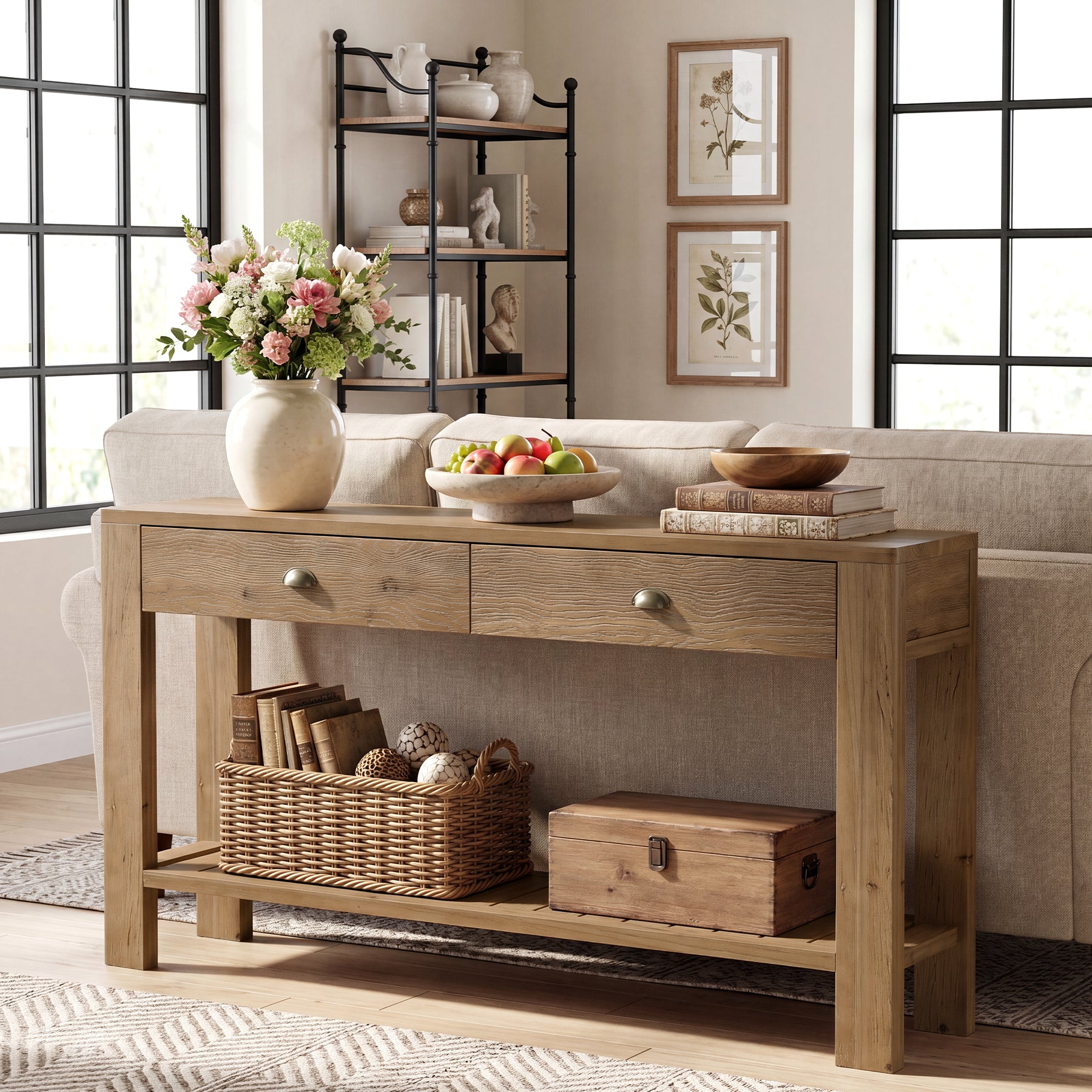 Tribesigns 55.12 Inch Solid Fir Wood Console Table with 2 Drawers, Narrow Hallway Table with Shelf