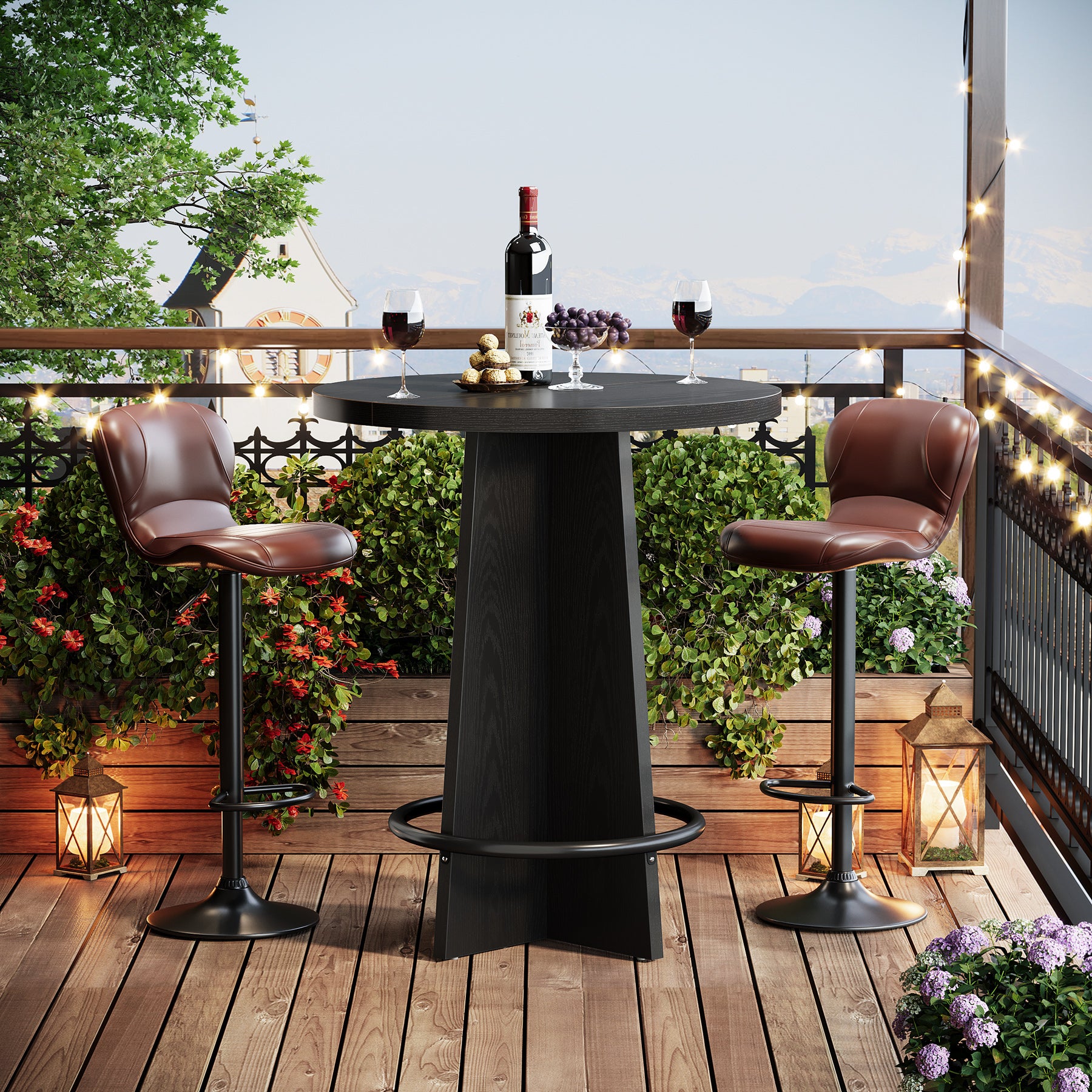 37.4-Inch Round Bar Table with Wooden Cross Base, Compact Pub Table with Ring Footrest