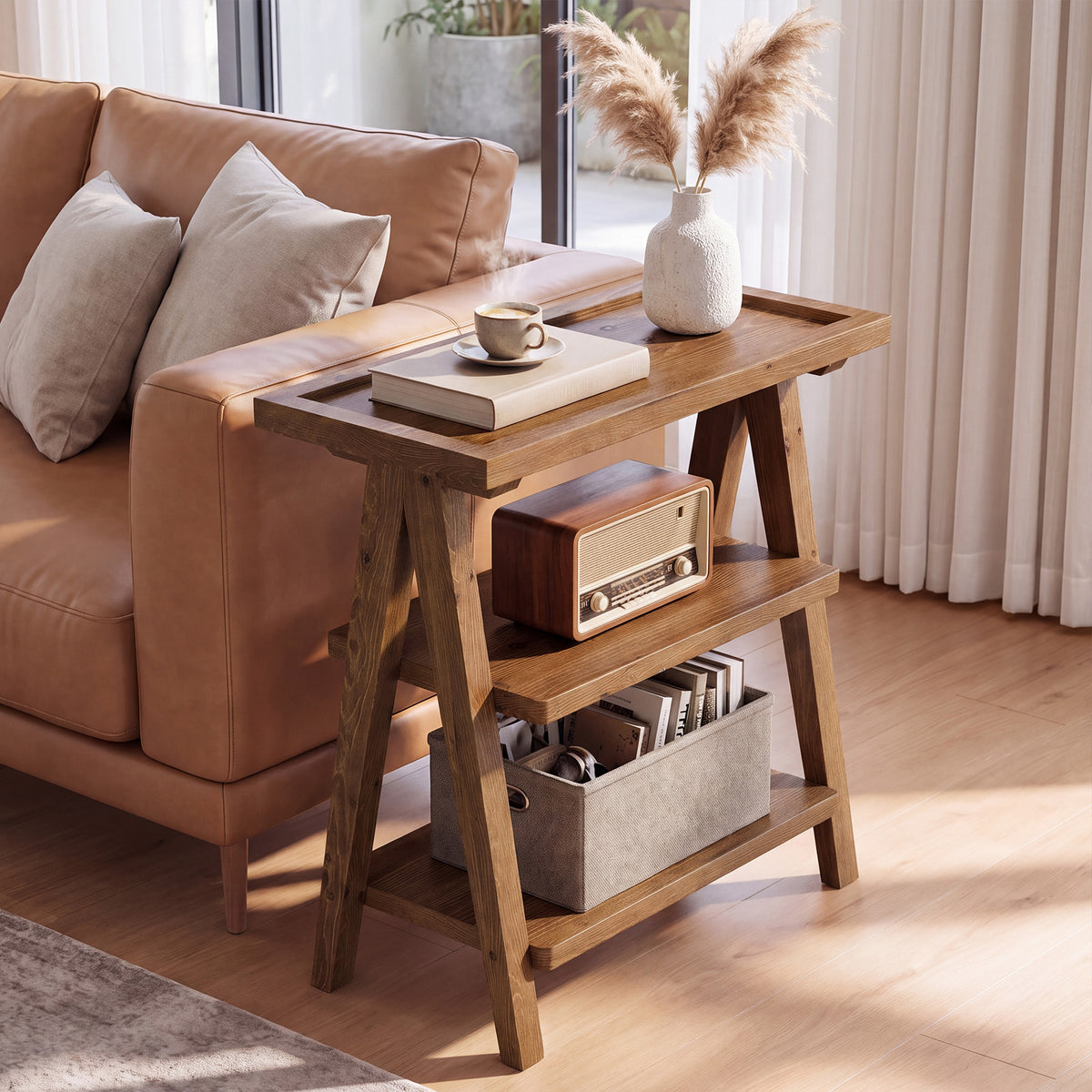 Tribesigns 25.59 Inch Solid Wood Side Table with 3-Tier Storage, Narrow End Table for Living Room