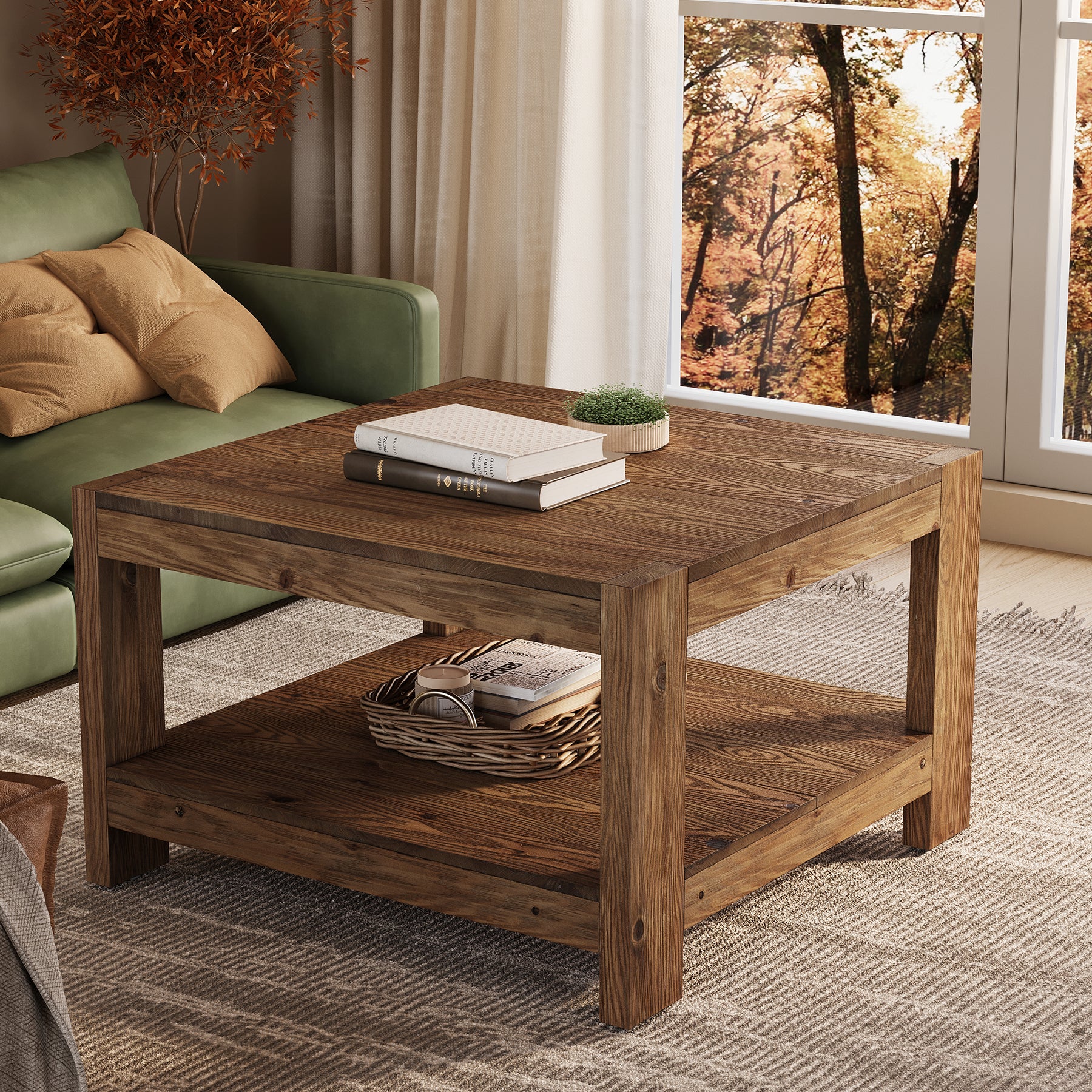 Tribesigns 31.5-Inch Square Farmhouse Coffee Table with Storage Shelf, Solid Wood Center Table for Living Room