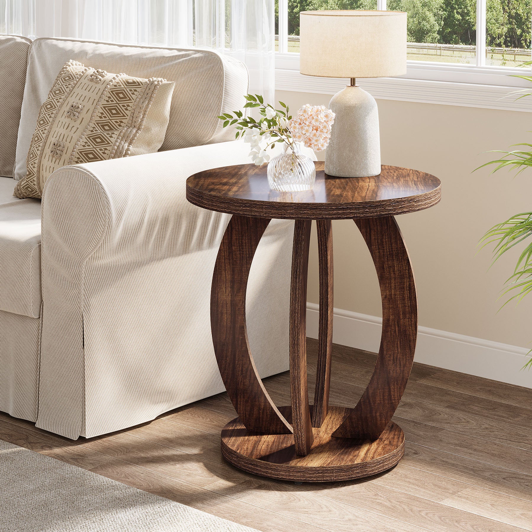 24" Round Farmhouse Nightstand - Bedside Table with Storage, Wood Base, Brown