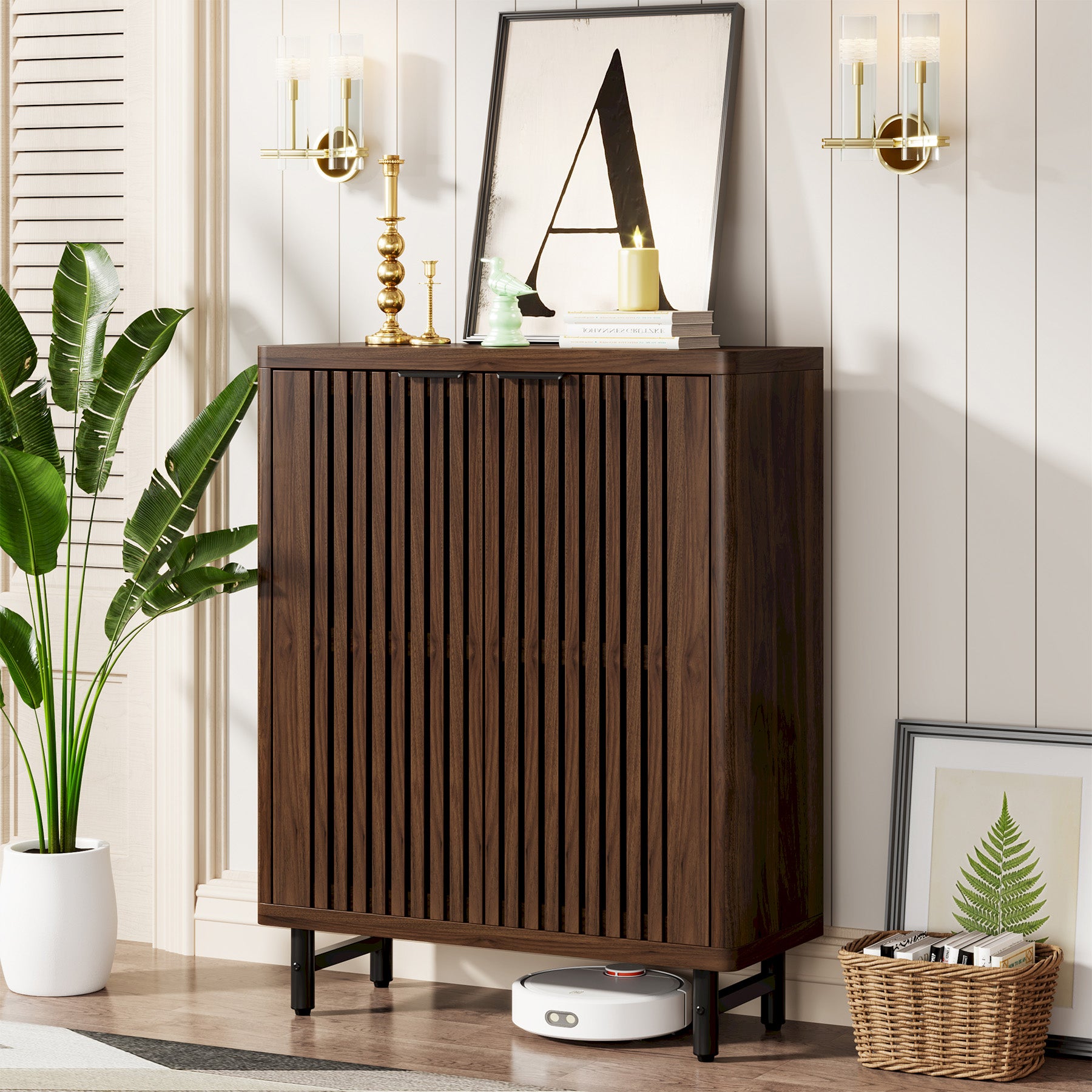 33.46-Inch 6-Tier Farmhouse Shoe Cabinet with Shutter Doors, Wooden Shoe Organizer with Adjustable Shelves for Entryway and Hallway