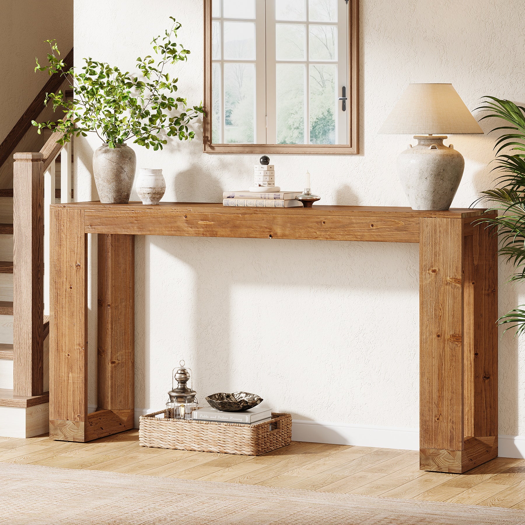 Tribesigns 63-Inch Farmhouse Console Table with Reinforced Base, Solid Wood Sofa Table for Entryway Study and Living Room