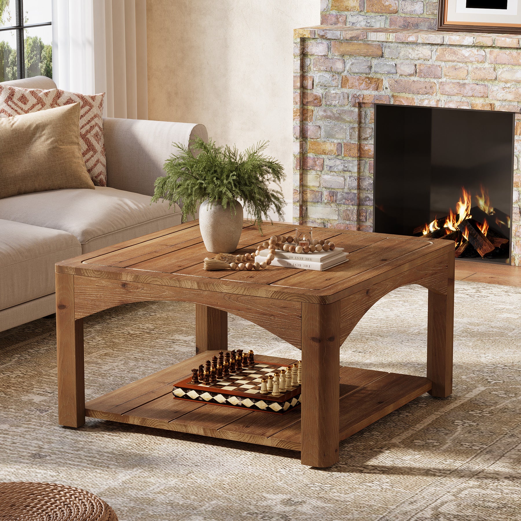 31.5" Square Solid Wood Coffee Table with 2-Tier Storage, Wooden Center Table for Living Room