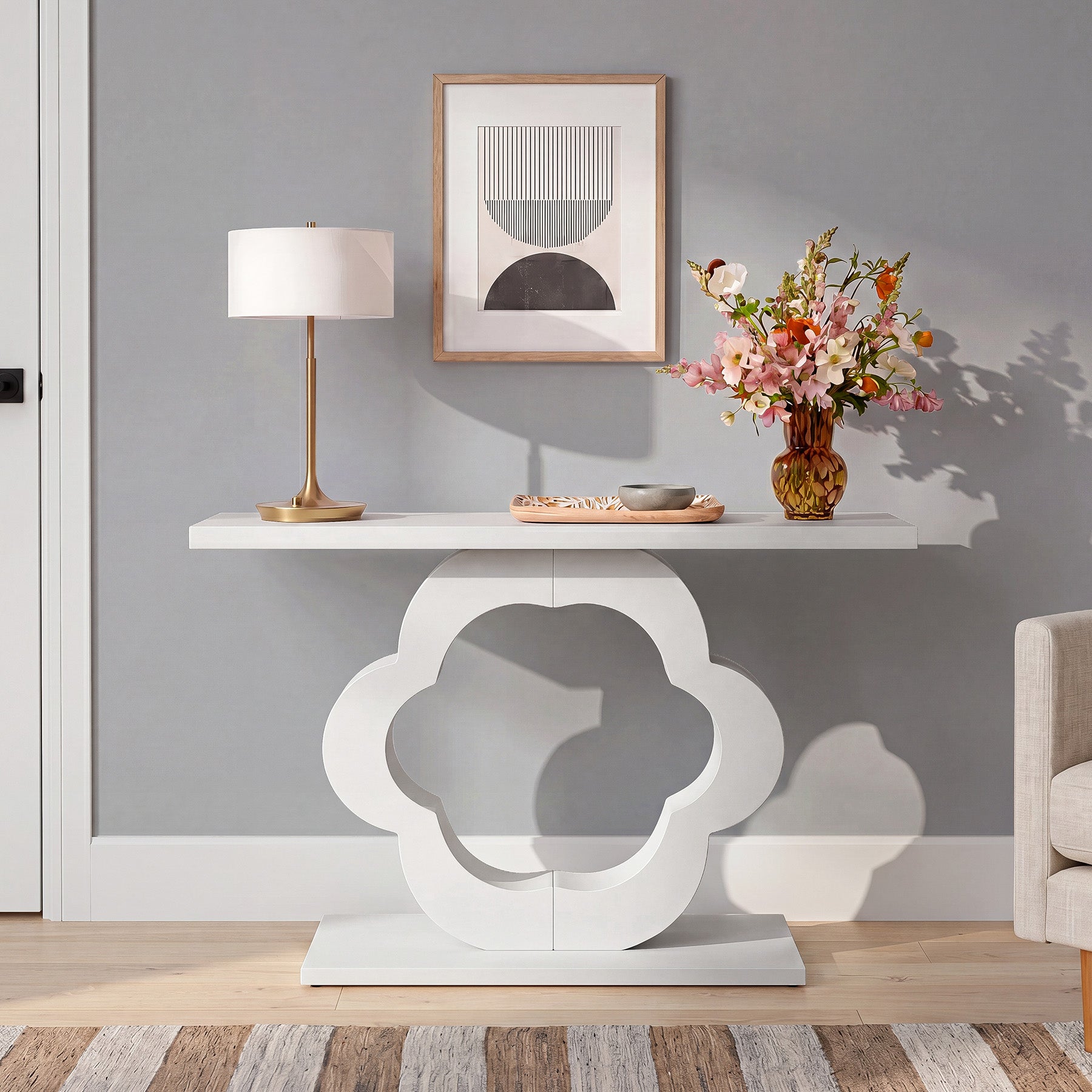 39.4-Inch White High-Gloss Console Table with Flower Cutout Base, Narrow Entryway Table for Living Room and Hallway