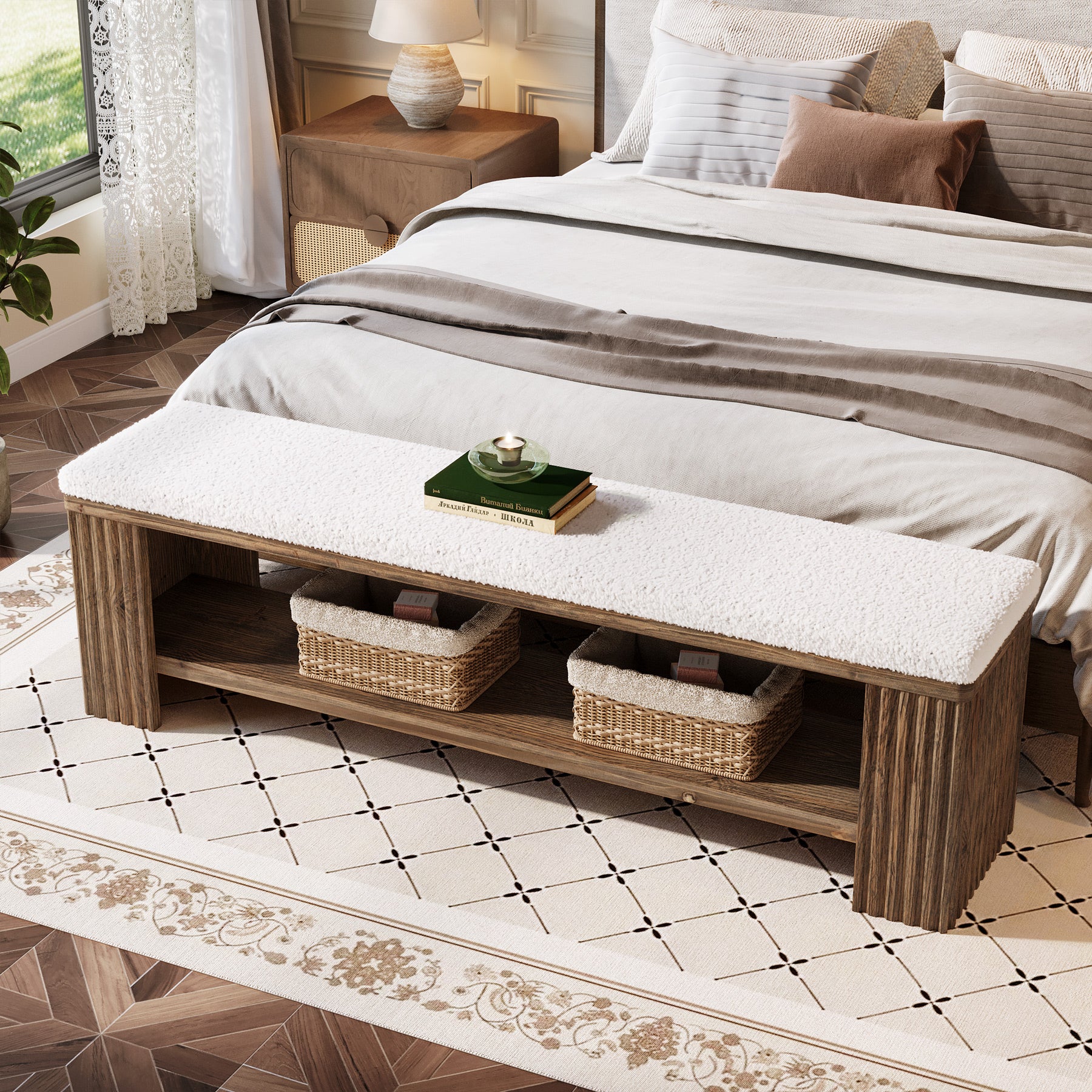 Tribesigns 63 Inch Solid Wood Bench with Removable Faux Lambswool Cushion, Farmhouse End of Bed Seat