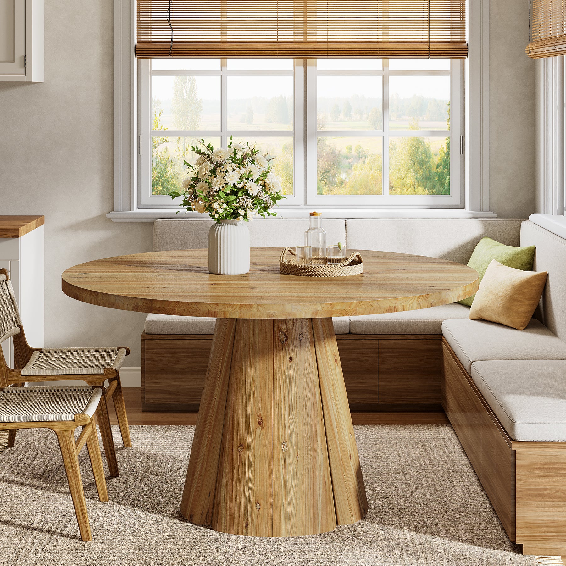 Tribesigns 47.24-Inch Solid Wood Dining Table, Farmhouse Round Kitchen Table with Pedestal Base for Dining Room