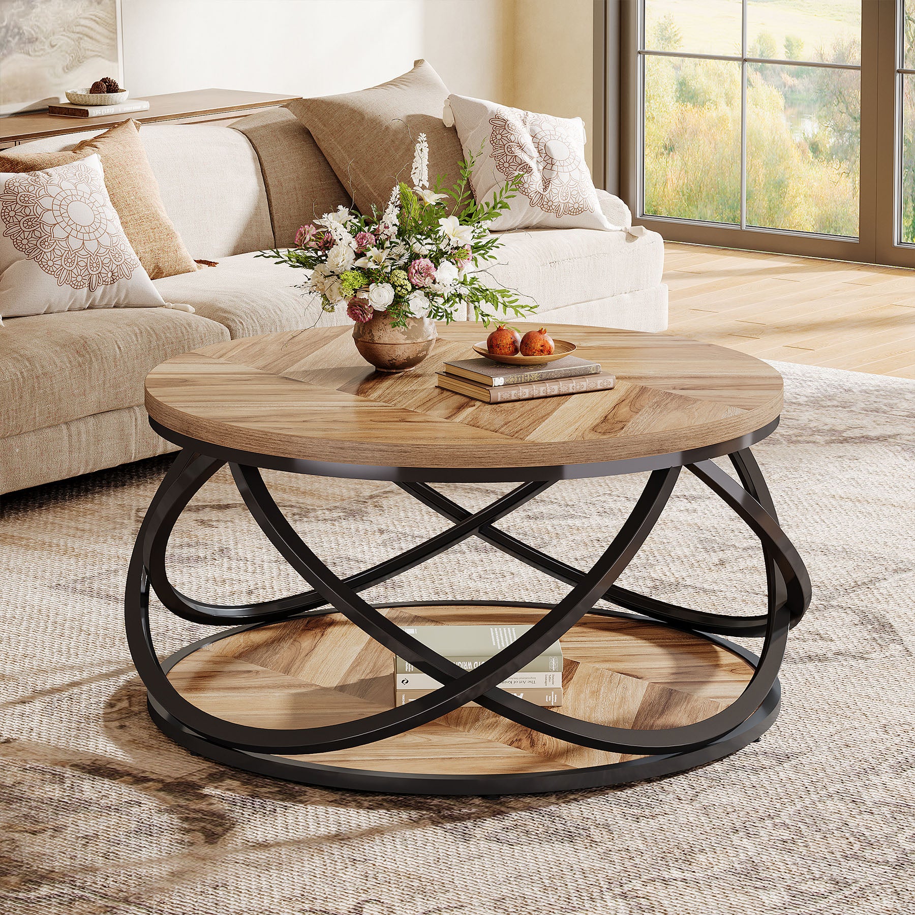 31.5" Two-Tier Round Coffee Table, Modern Circle Center Table with Wood Grain and Cross Metal Base