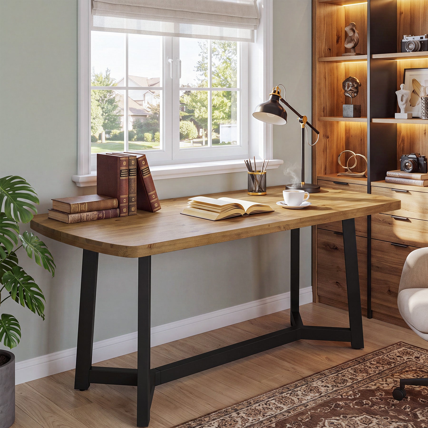 Tribesigns 63-Inch Solid Pine Wood Office Desk, Large Computer Desk with Metal Frame for Home Office