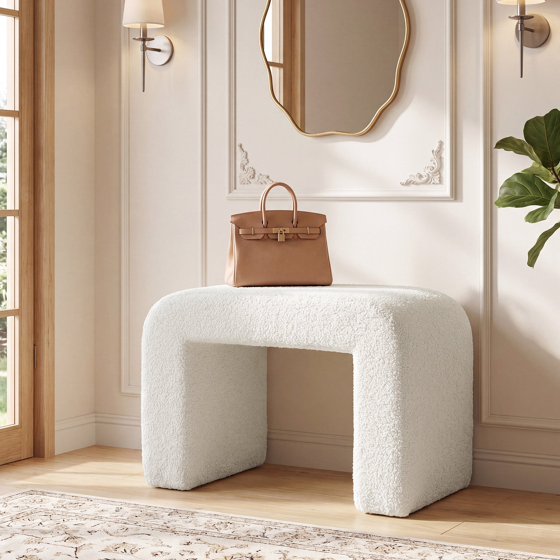 23.62-Inch Modern Vanity Stool with Faux Cashmere Upholstery, Arched Ottoman Footstool