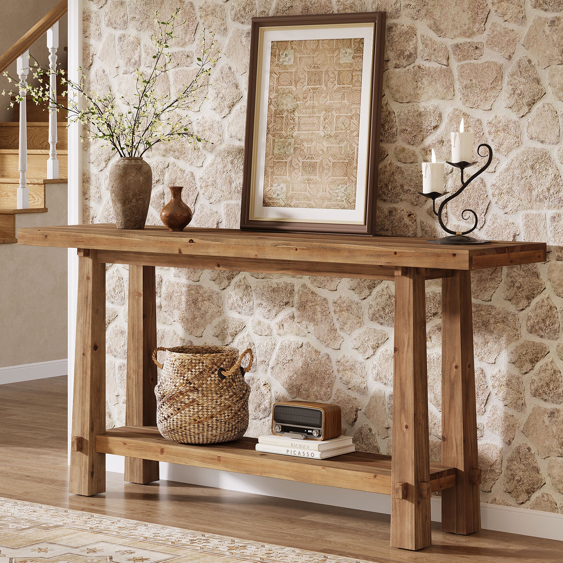 Tribesigns 63" Console Table, Farmhouse Solid Wood Entryway Sofa Table with 2-Tier Storage