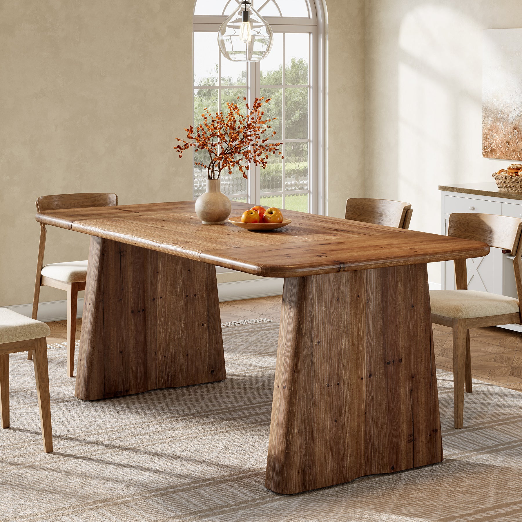 Tribesigns 63-Inch Solid Wood Dining Table with Double Pedestal Base, Rustic Table for Dining Room