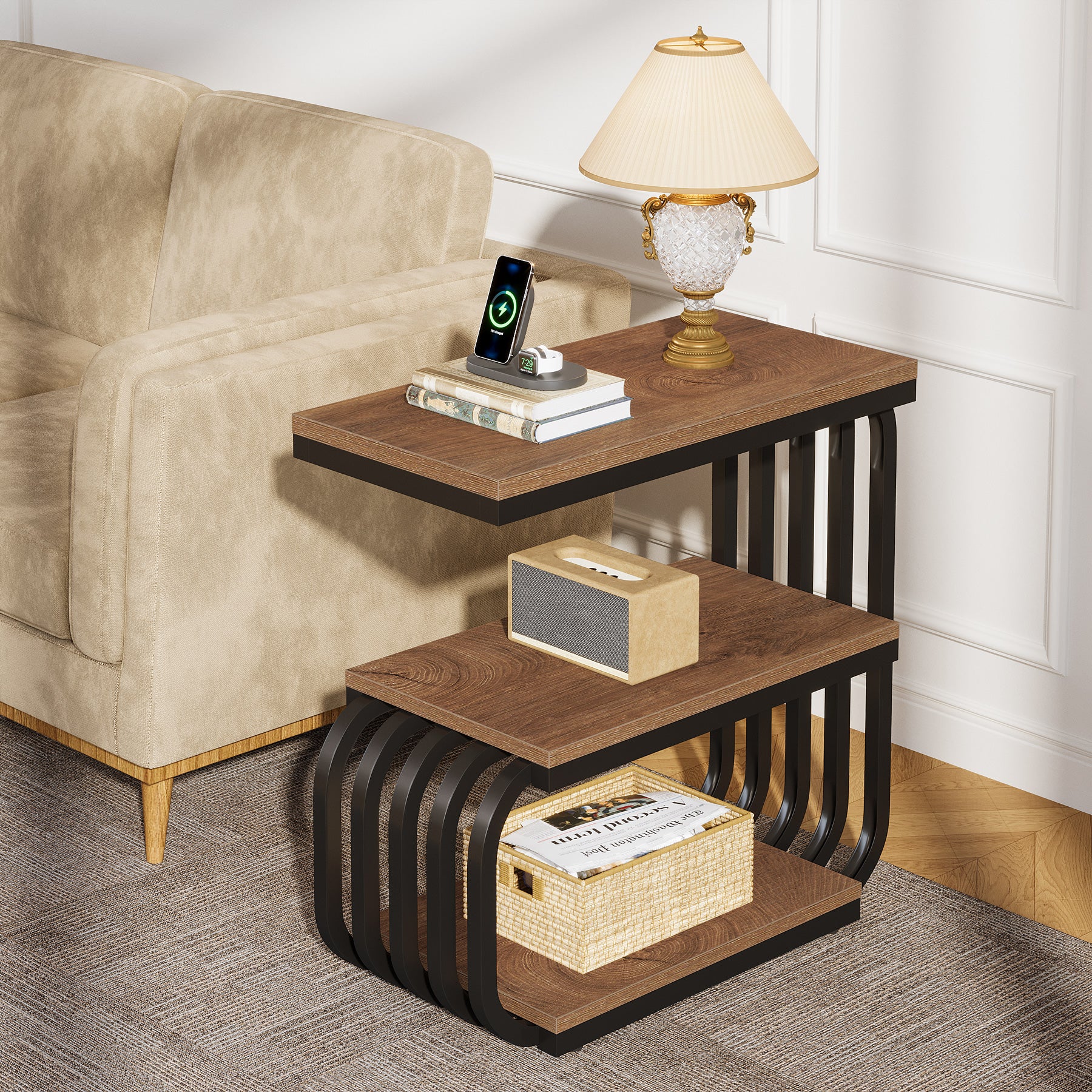 Tribesigns 3-Tier Narrow End Table, C-Shaped Side Table for Living Room