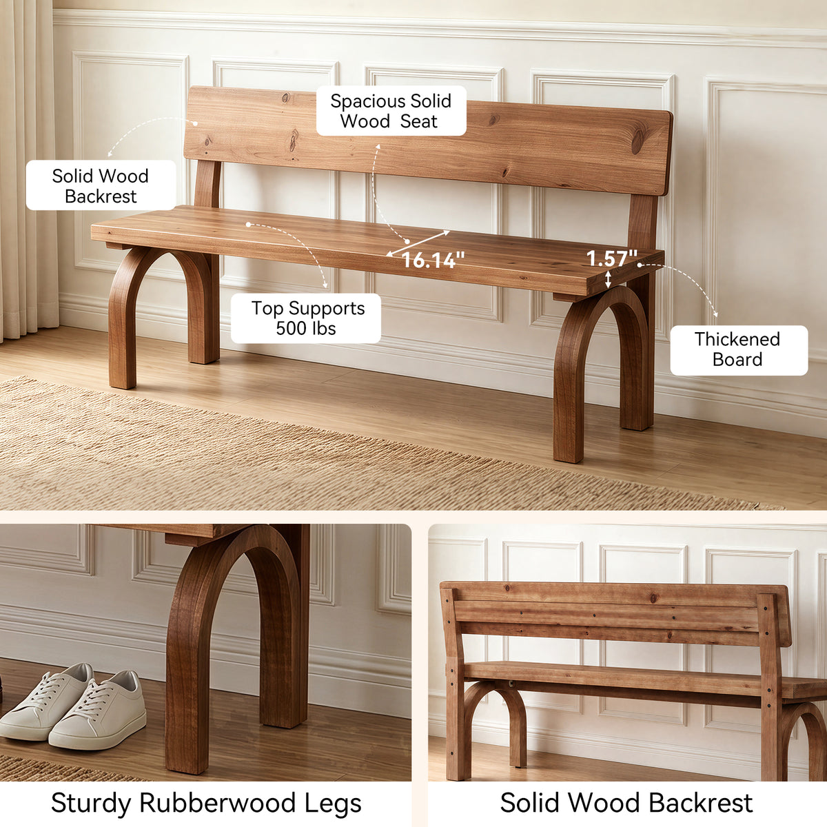 63 Inch Solid Wood Entryway Bench with Backrest, Farmhouse Indoor Bench for Hallway and Bedroom