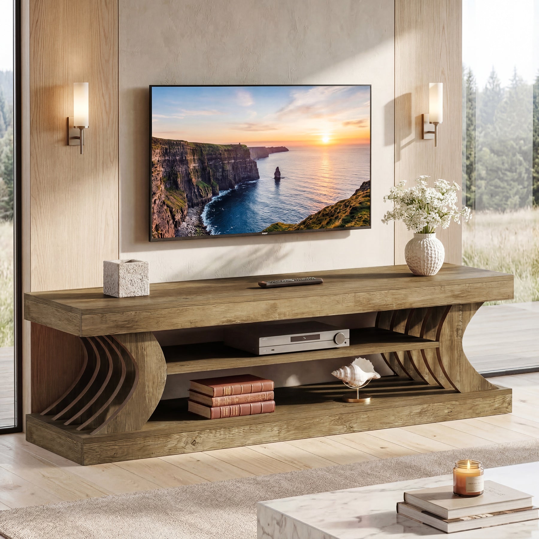 Tribesigns 63-Inch Farmhouse TV Stand with 3-Tier Storage, Curved Media Console for Living Room