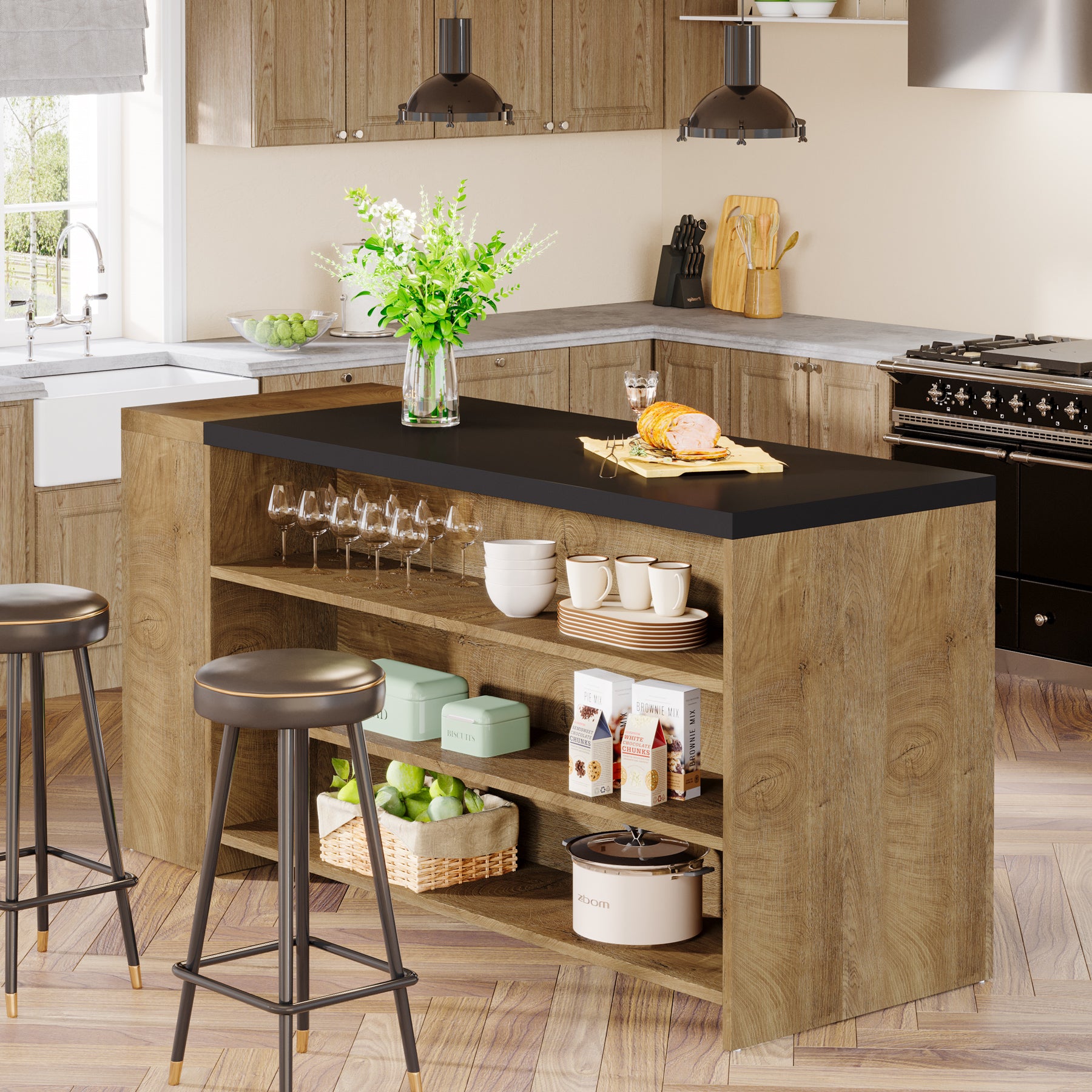 55.12-Inch Kitchen Island with 5-Tier Storage Shelves and Large Countertop, Farmhouse Coffee Bar Table for Kitchen